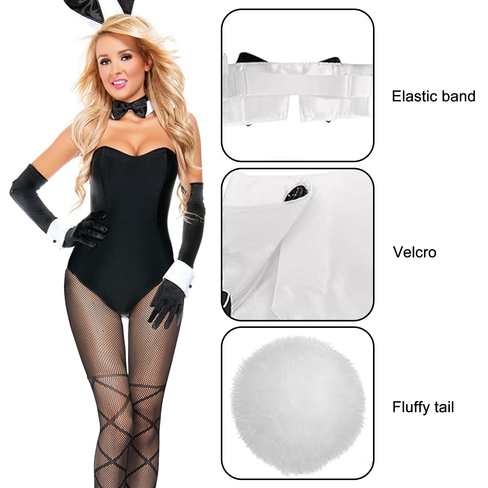 EDLMKM 6pcs Bunny Costume Accessories, Bunny Ears and Tail As Well Bow Collar and Cuffs, Rabbit Maids Dress - Image 3