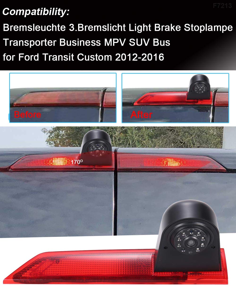 Lampa hamowania HD, kamera cofania z lusterkiem, 7 cali, ekran dotykowy, monitor, transporter, wodoszczelna widoczność w nocy, kamera cofania samochodu, zamiennik do Ford Transit Custom 2012-2016