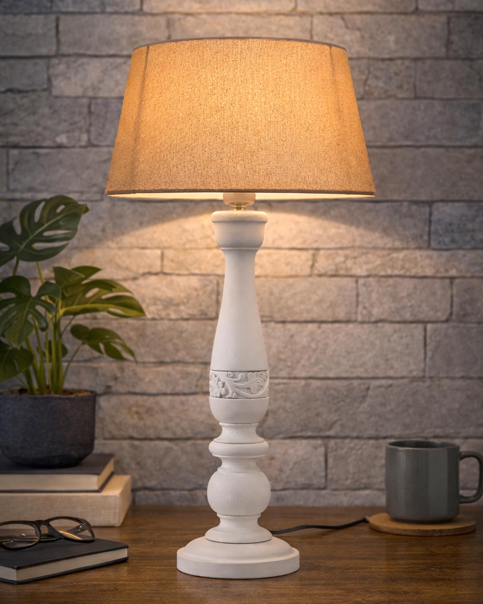 Handcrafted Wooden Table Lamp for Bedroom & Living Room | Decorative Bedside Reading Lamp with Fabric Shade, E27 Holder | Bulb Included | White Floral Carved Base for Home Décor, Off-White