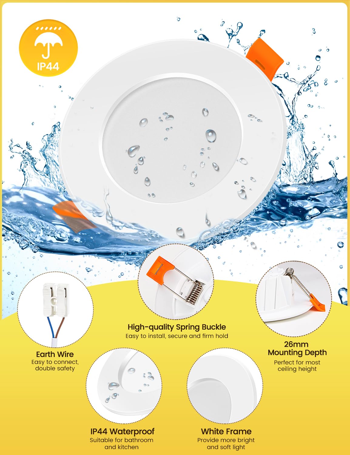 Focos LED Empotrables 230V, Plafones planos 6W, Spot LED IP44, Blanco Neutro 4000K, 600 lúmenes, Corte 68-80mm