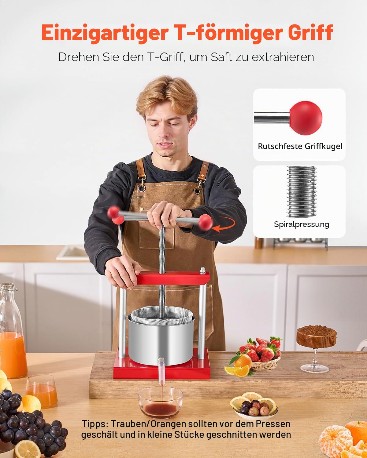 VEVOR Obstweinpresse Apfelpresse 3 L Edelstahlfässer manueller Entsafter Saftpresse T-Griff