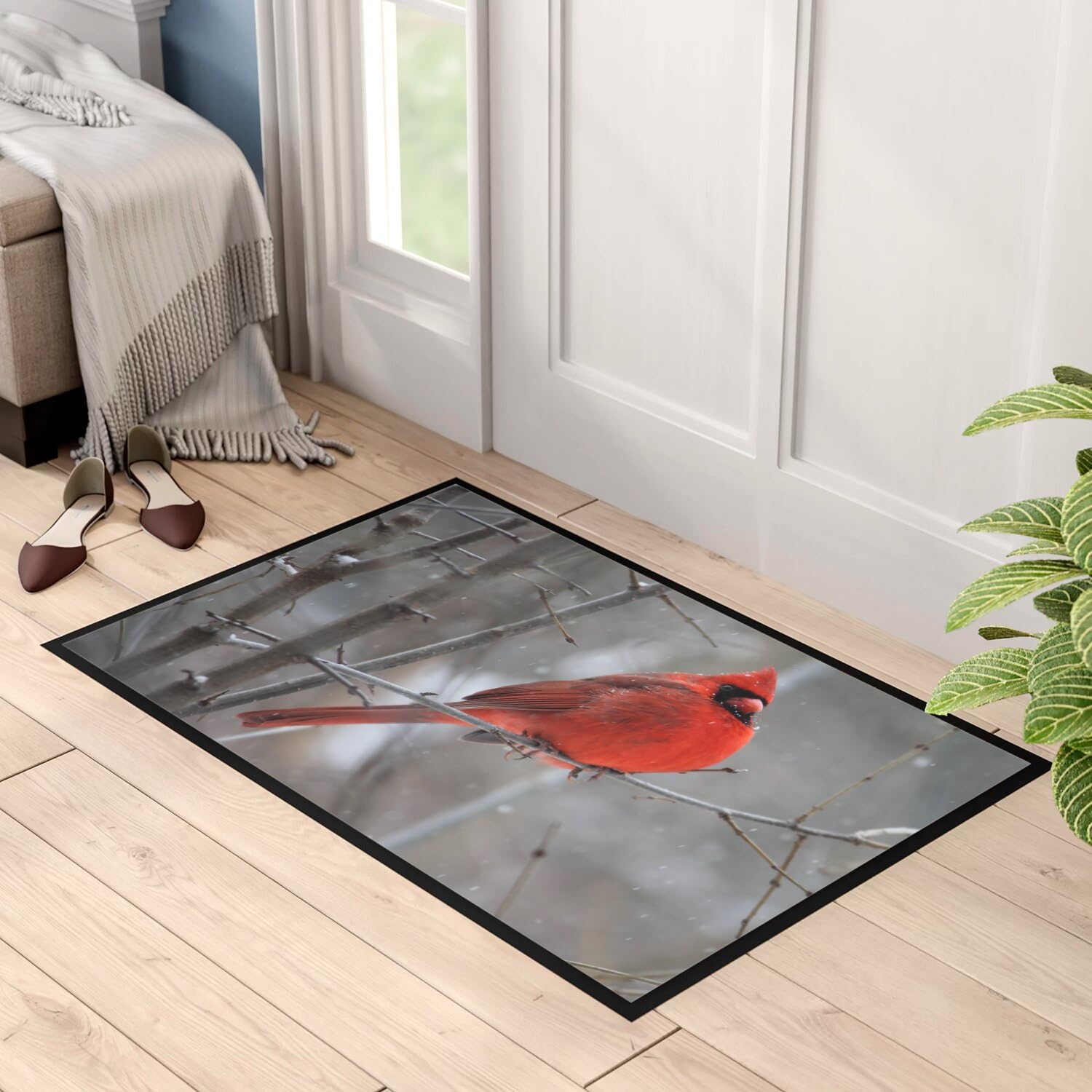 Fabulous Fußmatte Kardinal rot auf dem Zweig Vogel wild Schnee Winter – Maße: 75 x 50 cm