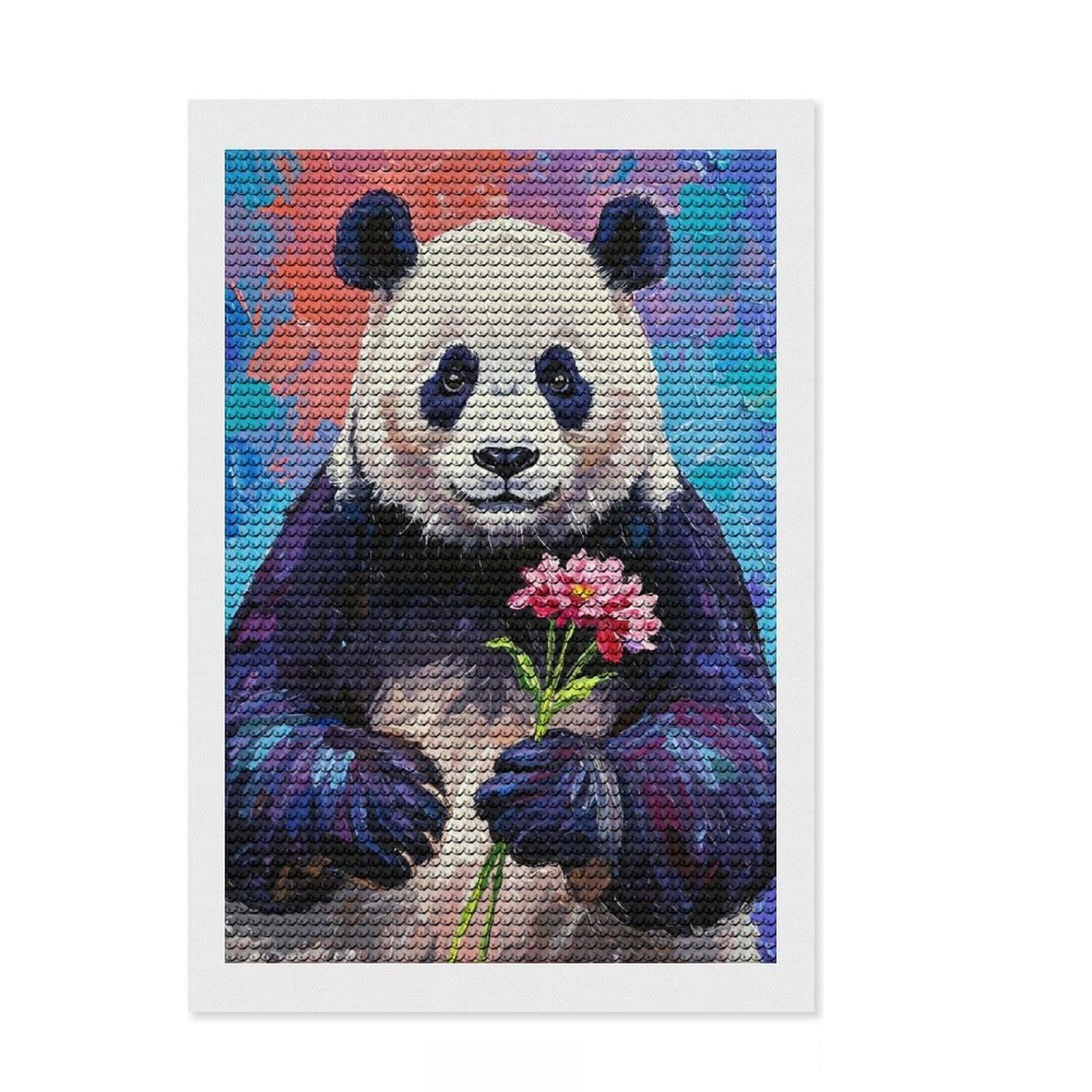 Junmoney Panda with Flower Painting Round Drill Diamond Painting 8"x12", for Beginners, Simple to Start, Modern Decor, Birthday Gift, Easy to Enjoy