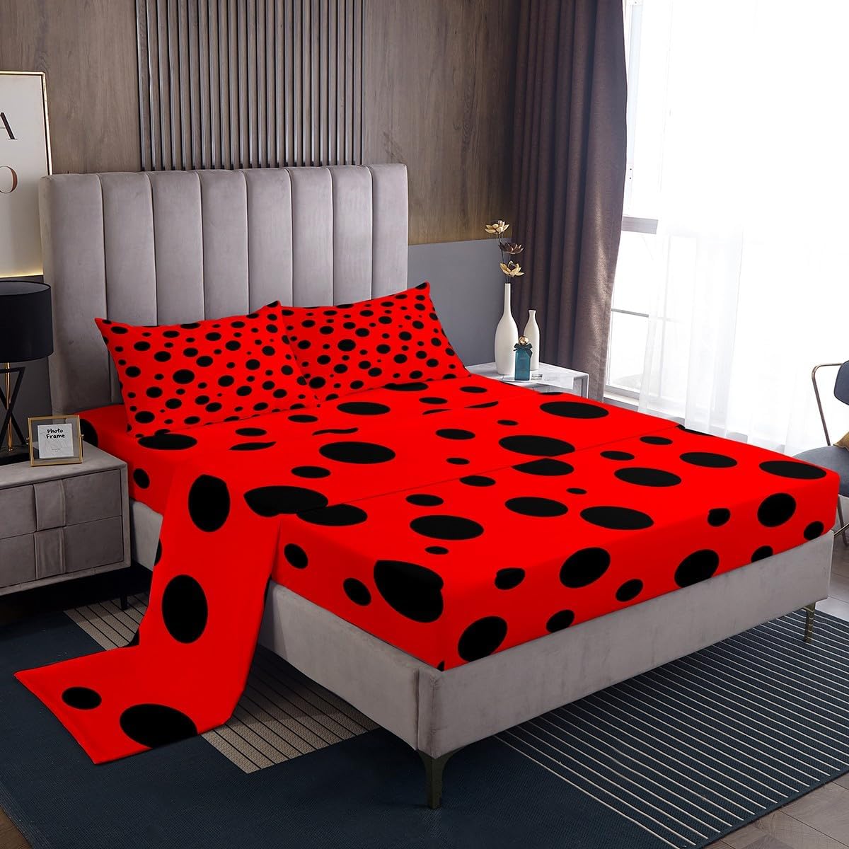 Castle Fairy Ladybug Sheet Set Kids Boys Girls Red and Black Fitted Sheets Set Full Size Polka Dot Pattern Bedding Sheet Sets Includes 1 Flat Sheet,1 Fitted Sheet,2 Pillowcases