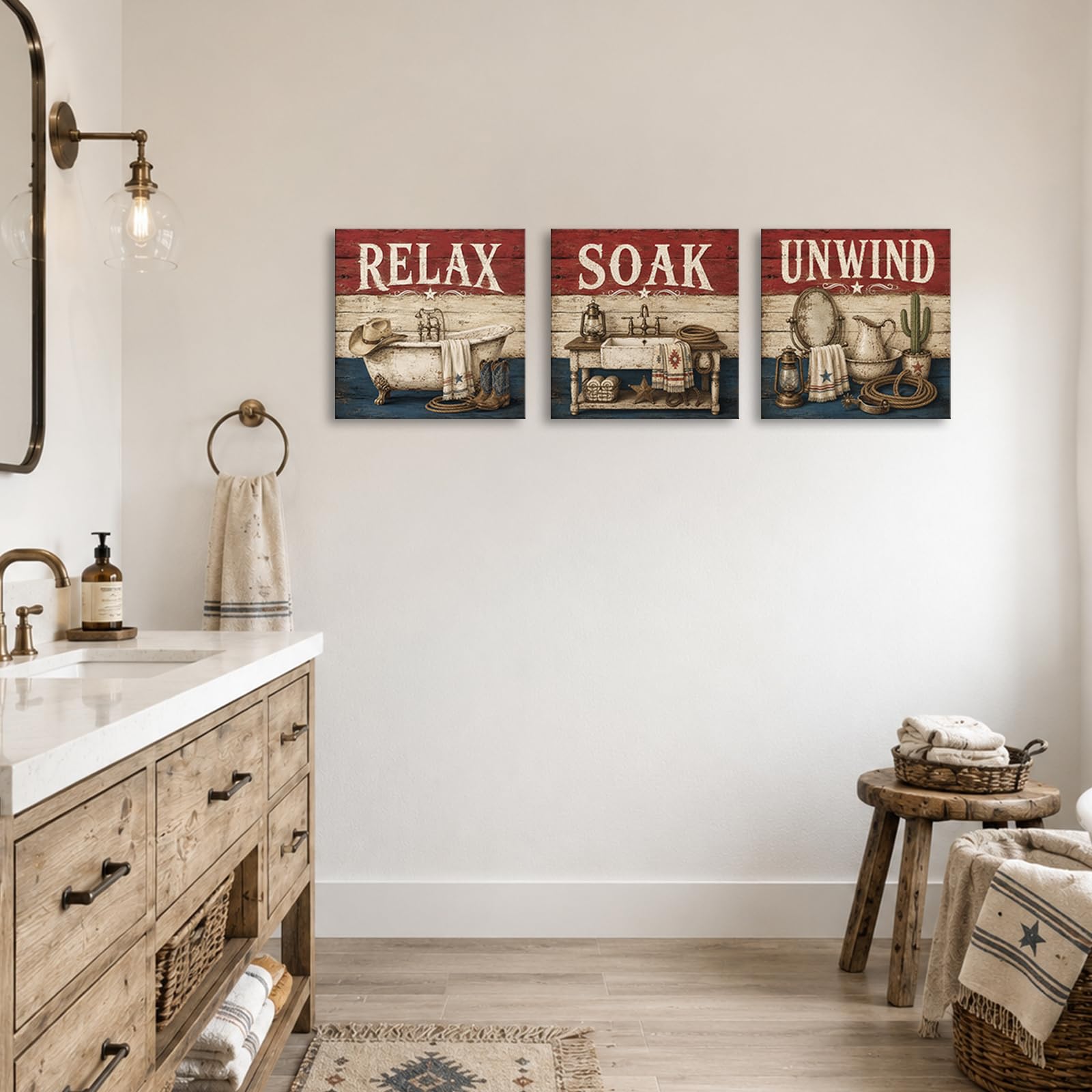 Conipit Decorazione da parete rustica occidentale per bagno, relax, rilassati, decorazione da parete per casa colonica, con vasca da bagno, accessori occidentali, stampe da parete in stile country