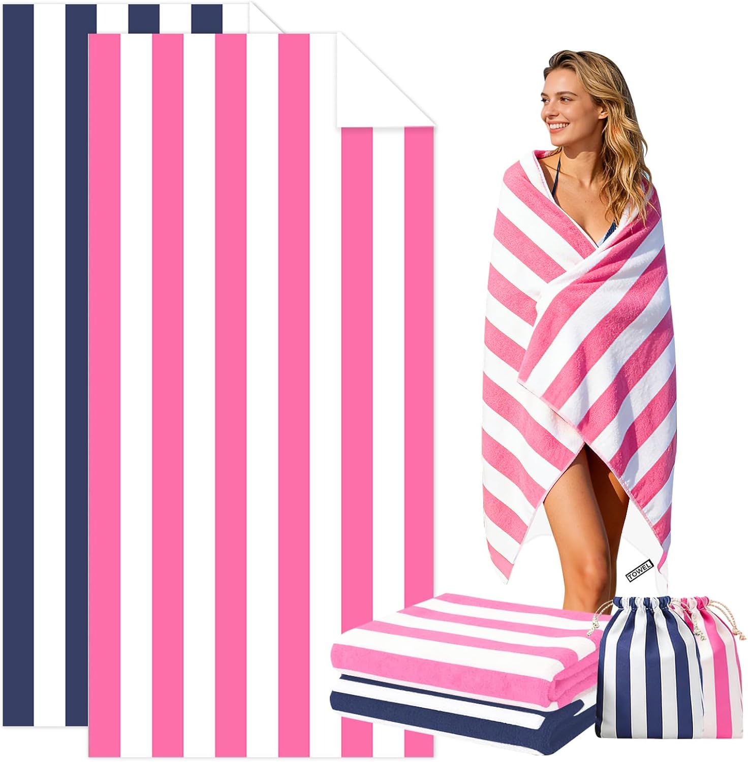 GOUTO 2 Pack Oversized Beach Towel, 71'' x 39'' Quick Dry Absorbent Pool Swim Bath Towels for Adult Man Woman, Sandproof Lightweight Striped Microfiber Beach Towel, Pink + Blue