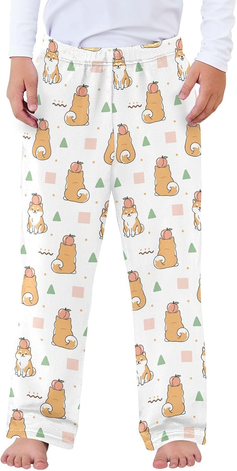 Cute Dog Peach White Print Plush Pajama Pants Sleepwear Bottoms Lounge Fleece Pants with Elastic Waist, S-XL