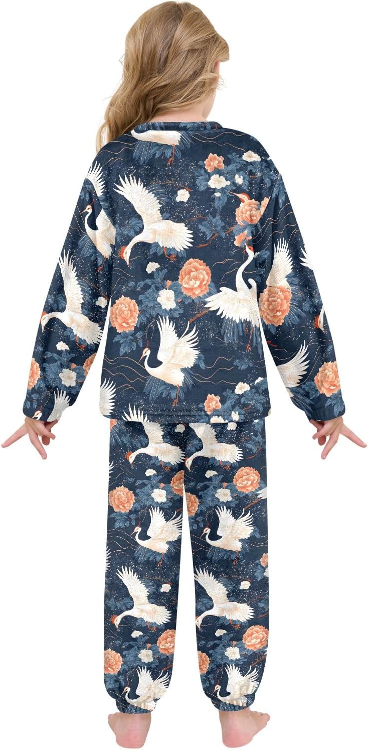 Kids Flannel Sets Flowers White Bird Warm Plush Relaxed Clothing for Boys and Girls