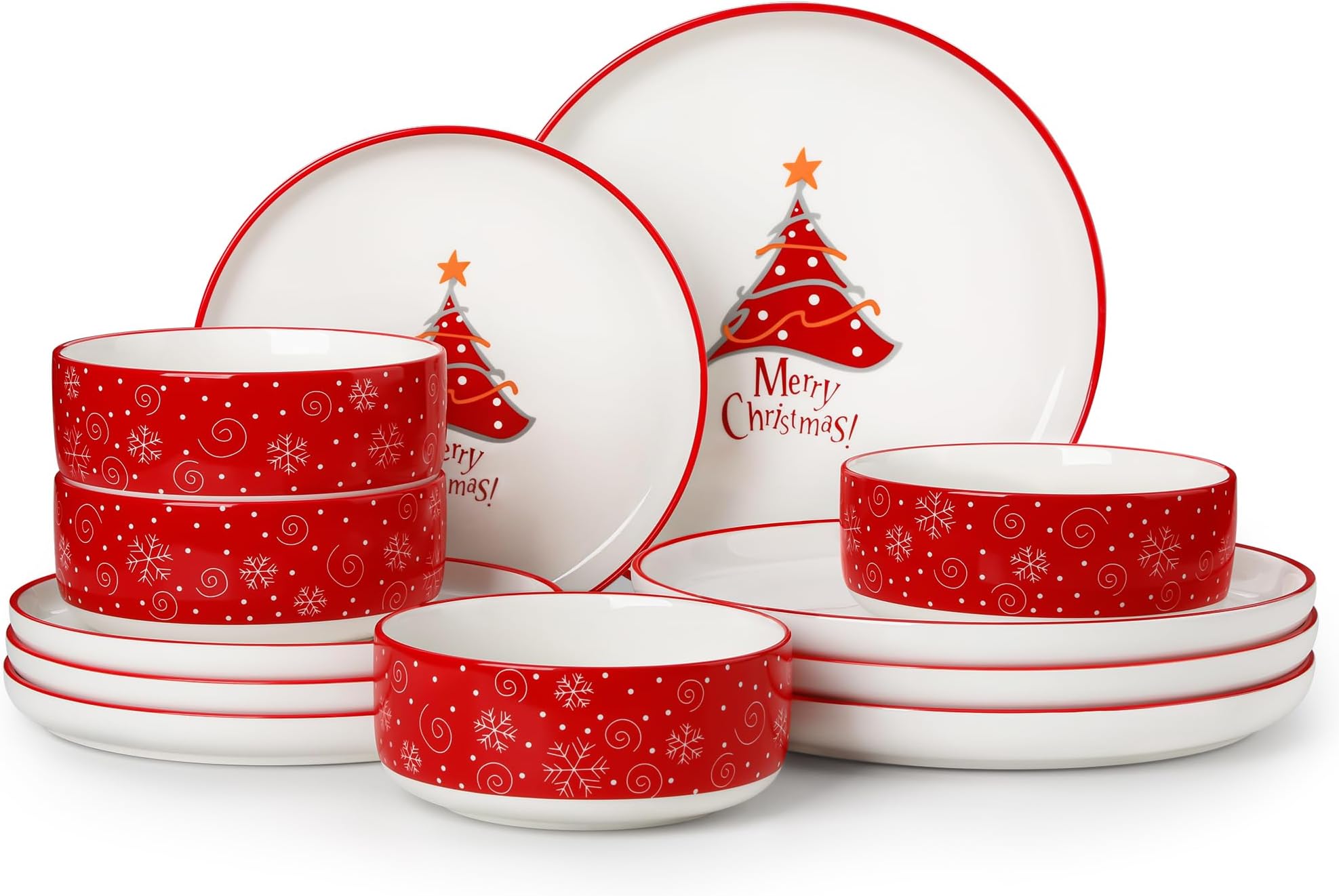 MALACASA 12-Piece Christmas Tree Dinner Set for 4, Ceramic Plates and Bowls Set, Holiday Dinnerware Sets with Dinner Plates/Dessert Plates/Cereal Bowls, Festive Designs for Table Decor