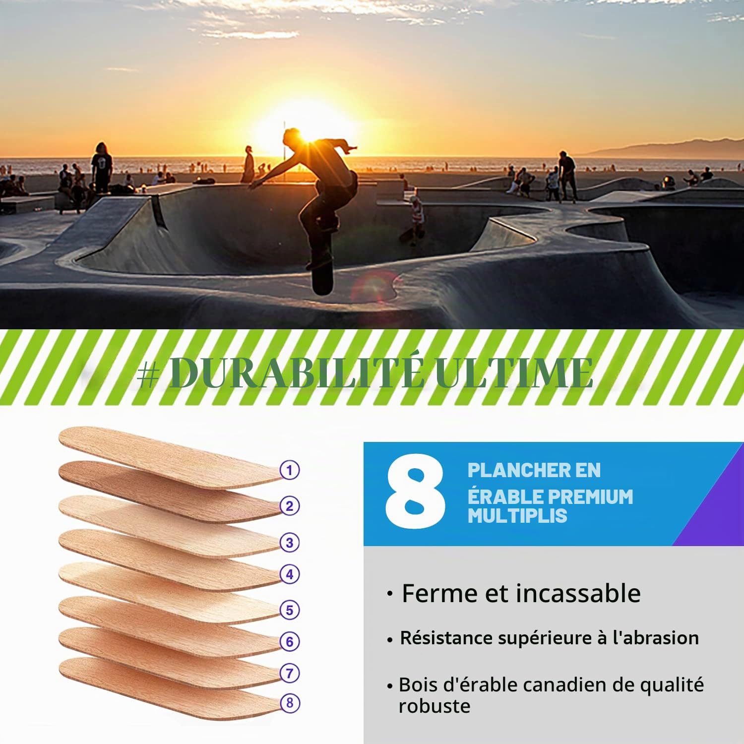 Skateboard, 8 Plis en Bois d'érable 78,9 x 20,3 cm, roulements à Billes ABEC-11 et Roues 95A, Skateboards Standard pour Enfants, Adolescents, Adultes et débutants
