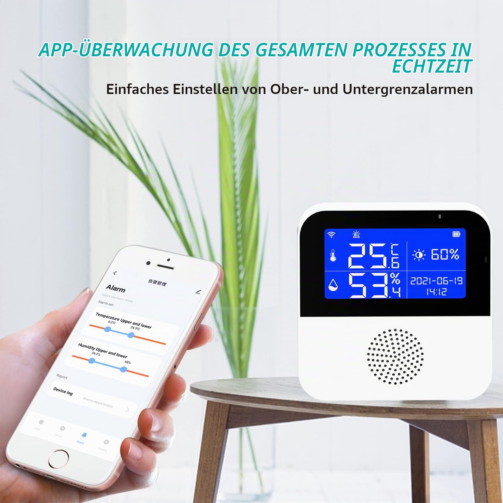 Kabelloses Thermometer Hygrometer,CEIEVER WLAN Thermometer Hygrometer App Benachrichtigung und Datenspeicherun Bluetooth Thermo Hygrometer funktioniert mit Alexa/Google