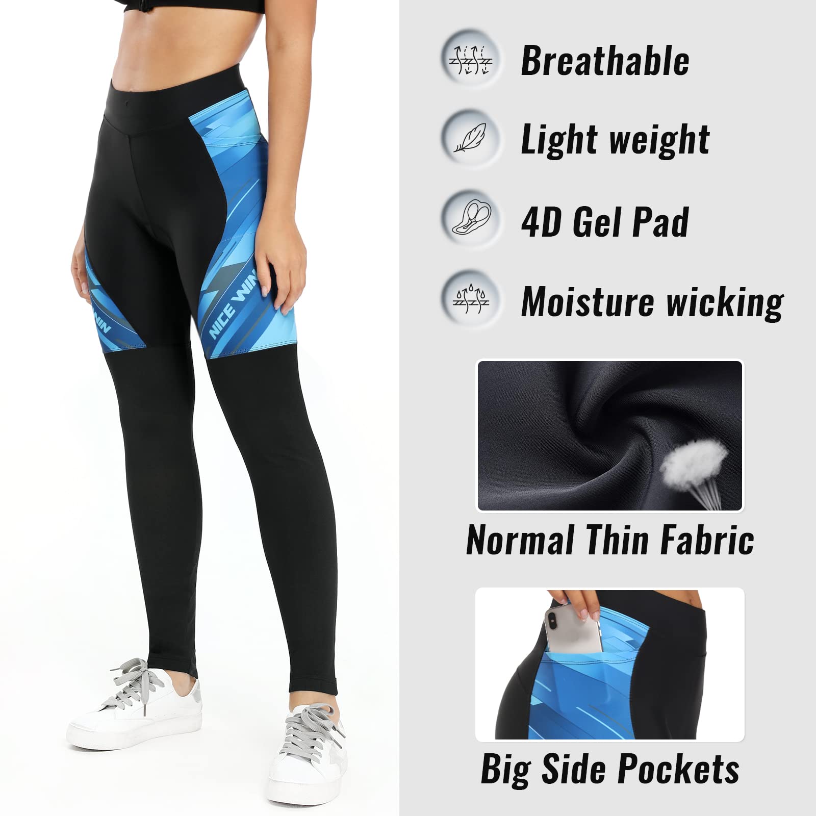 NICEWIN Pantalones de Ciclismo para Mujer, Acolchados, Largos, con Asiento Acolchado, 4D, térmicos, Largos, Transpirables, de Secado rápido, elásticos, para Ciclismo