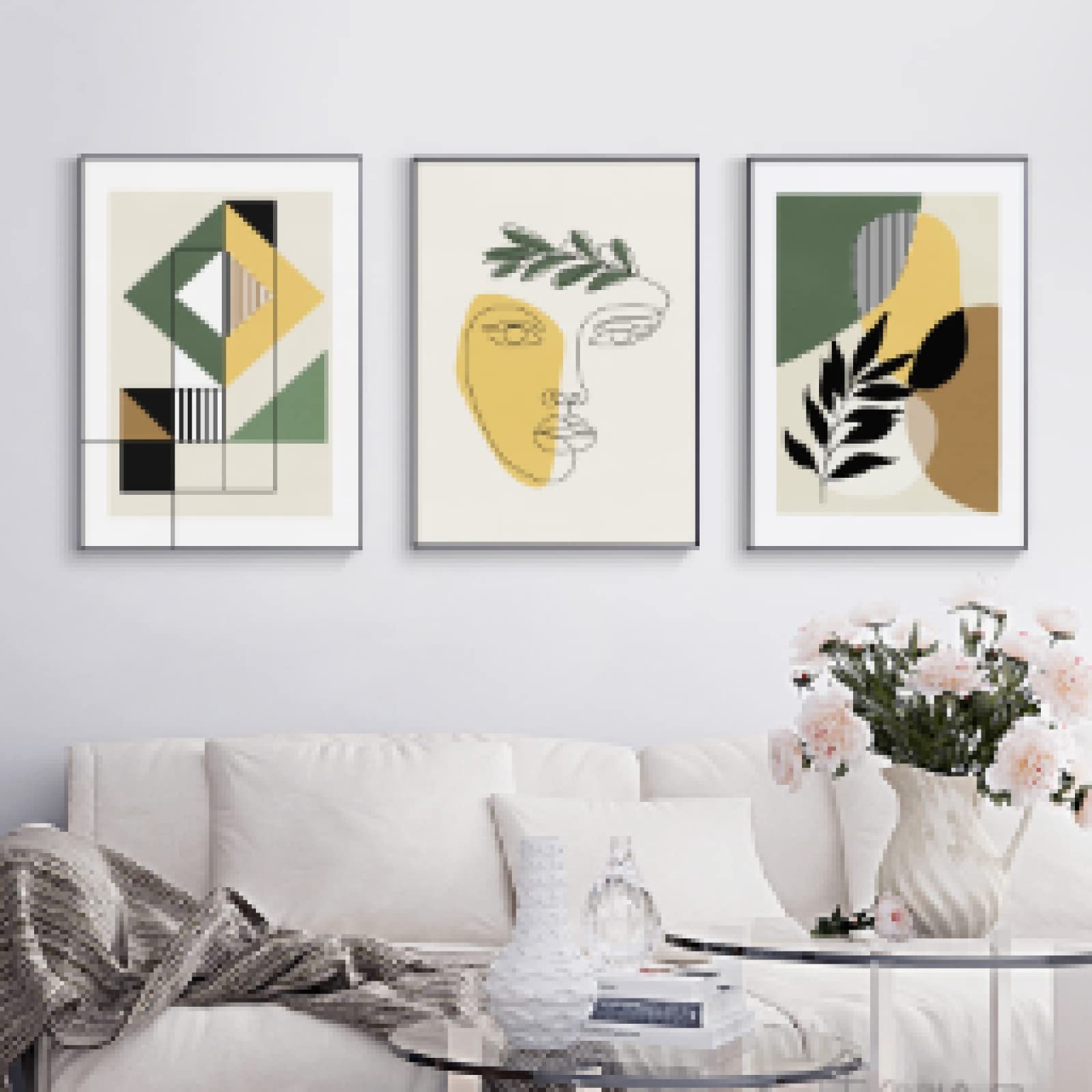 Peinture murale beige vert salon triptyque géométrique moderne - 8
