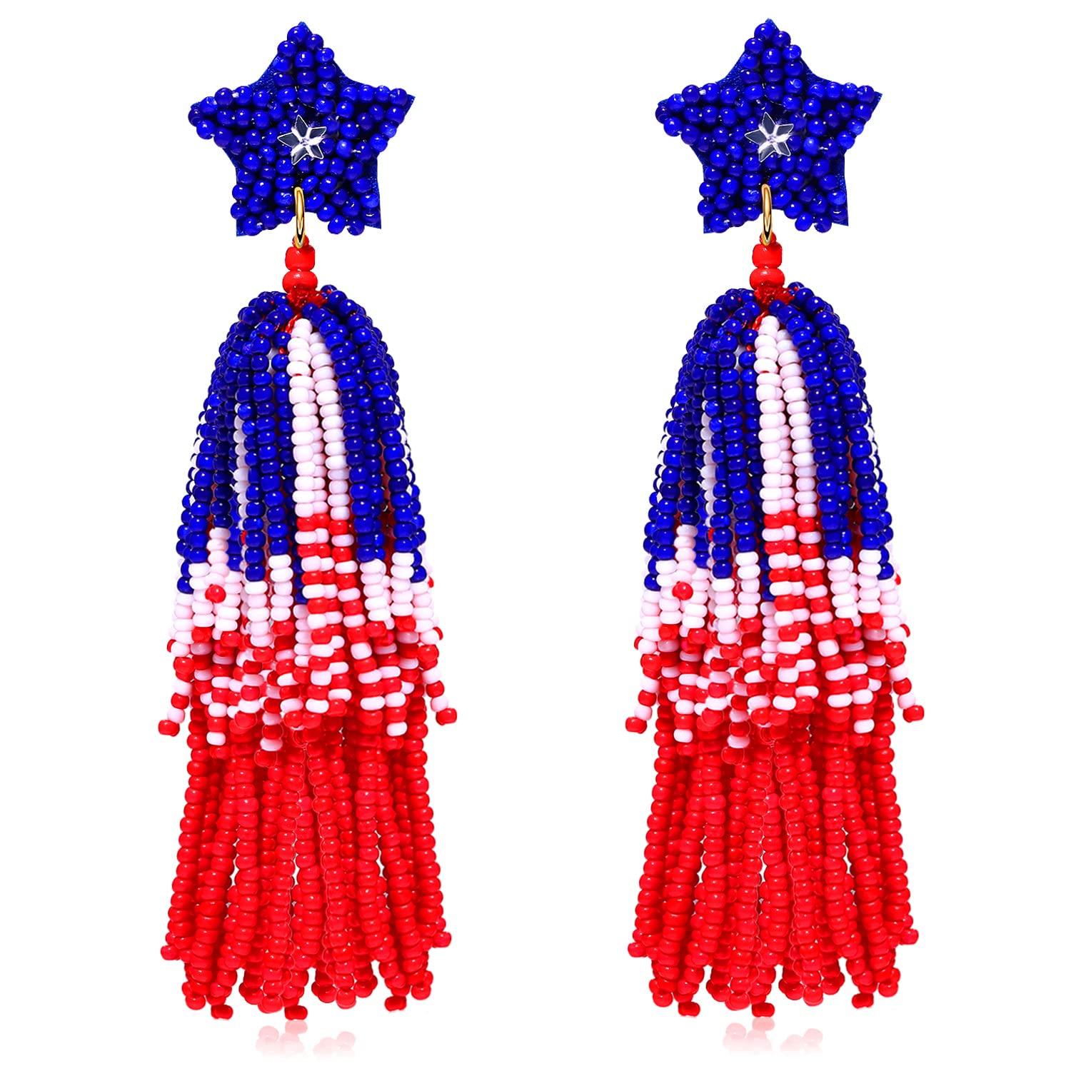 4th of July Earrings, 4th of July Outfits for Women, Patriotic Letter USA Earrings, Beaded American Flag Star Earrings (Tassel)
