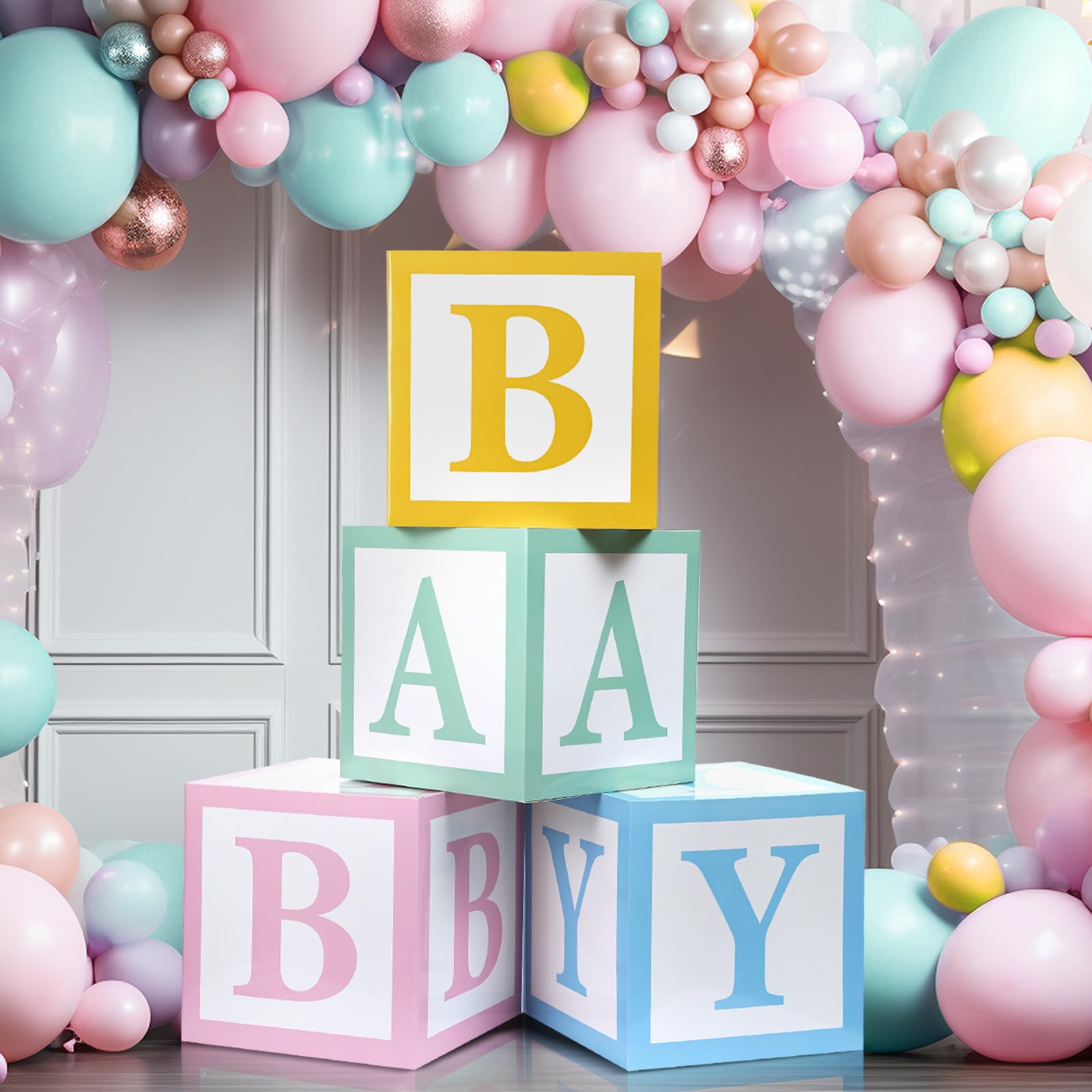 Humyoun 4 buzones para baby shower, cajas de dulces arcoíris para bebé, decoración de baby shower, donas, cajas de dulces pastel, cajas de caramelos, recuerdos de fiesta con letras para baby shower