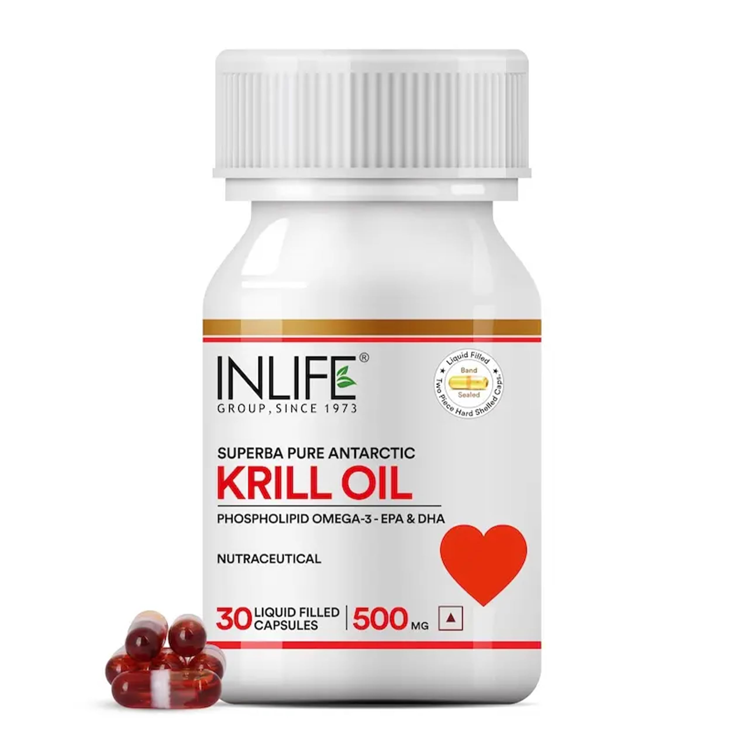 INLIFE Krill Oil Omega 3 Capsule 500mg | Antarctic Marine Phospholipids with EPA DHA Astaxanthin | 30 Liquid Filled Hard shelled Capsules (Pack of 1)
