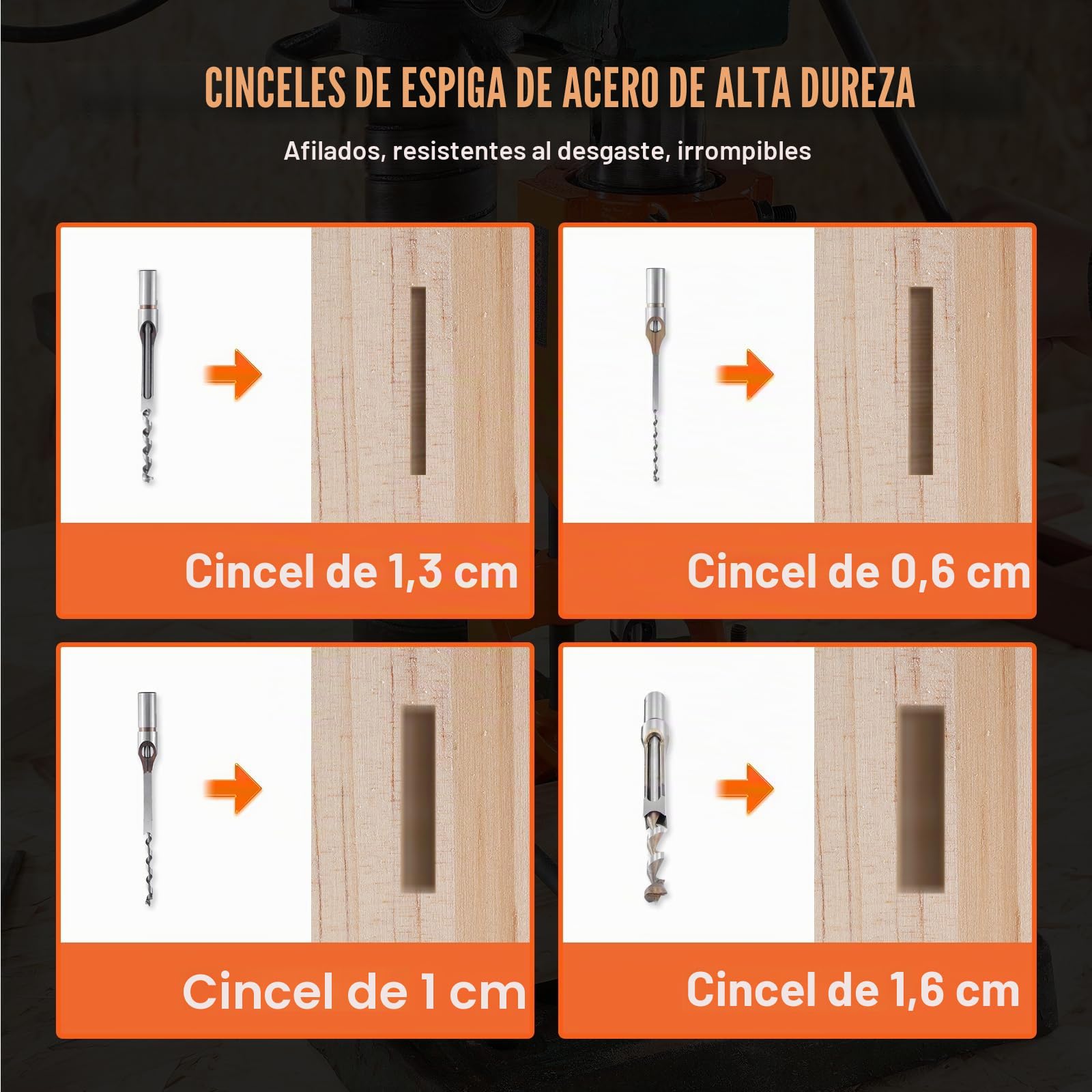 VEVOR Accesorio de embutir para prensa de taladro, 4 brocas, kit de cincel de orificio cuadrado, juego de localizador de brocas de banco, herramientas de embutir y espiga con 5 bujes, para carpintería