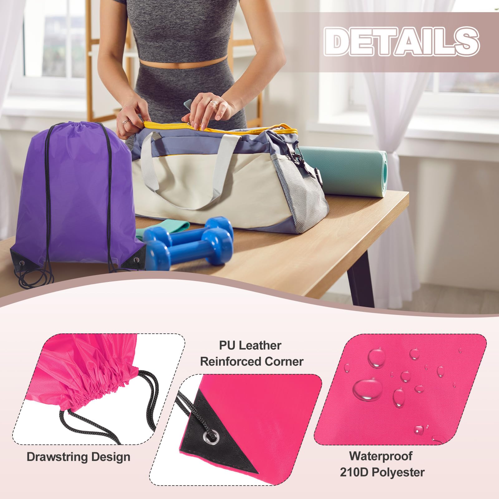 PATIKIL Mochilas De Cordón, Paquete De 20 Bolsas De Cordón Para Deportes Gimnasio Yoga Viajes Natación Playa, Rojo Rosa