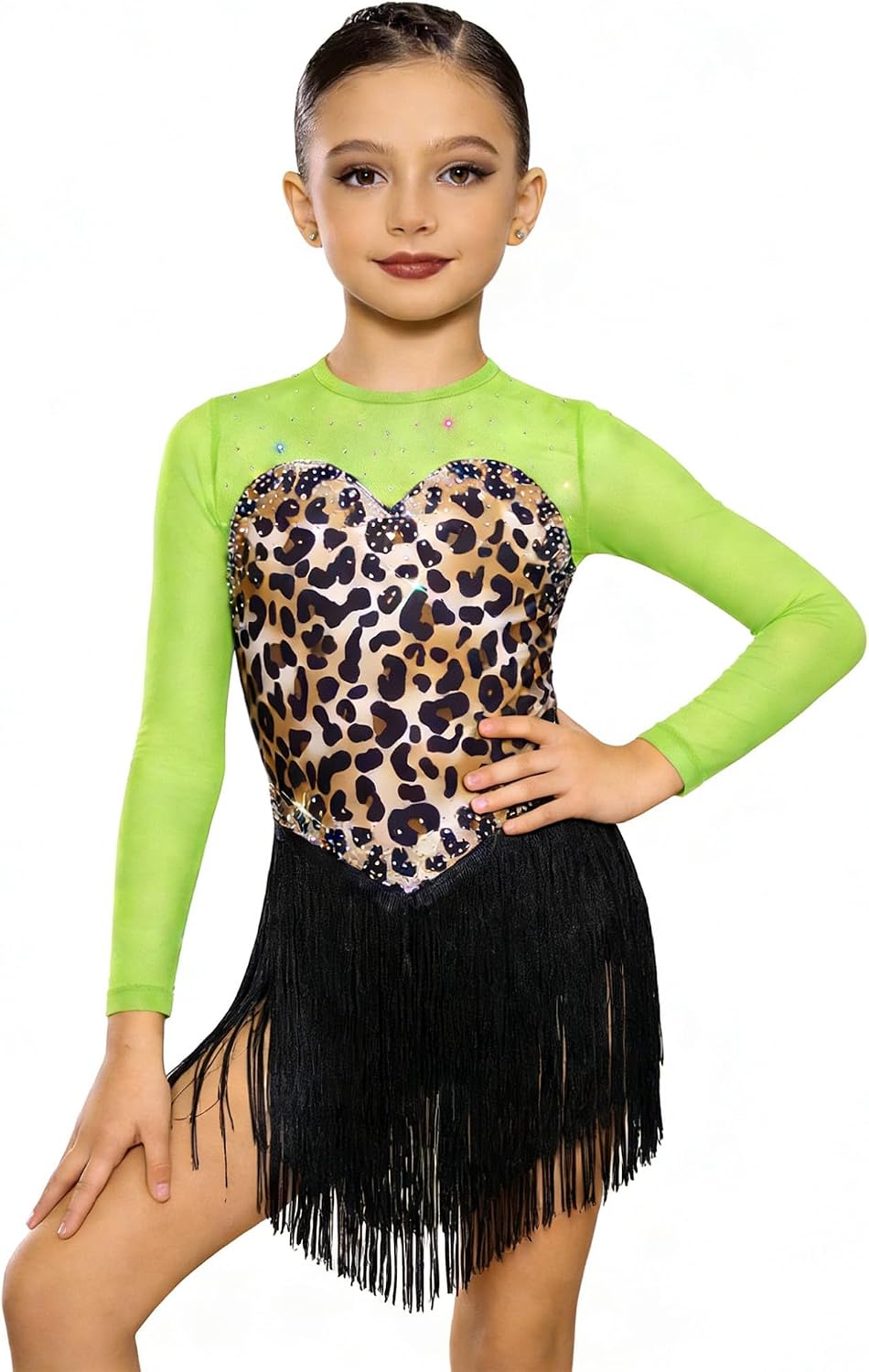 Kids Girls Latin Dance Dress Leopard Printed Fringe Bodysuit Tassel Ballroom Cha-cha Samba Dancewear
