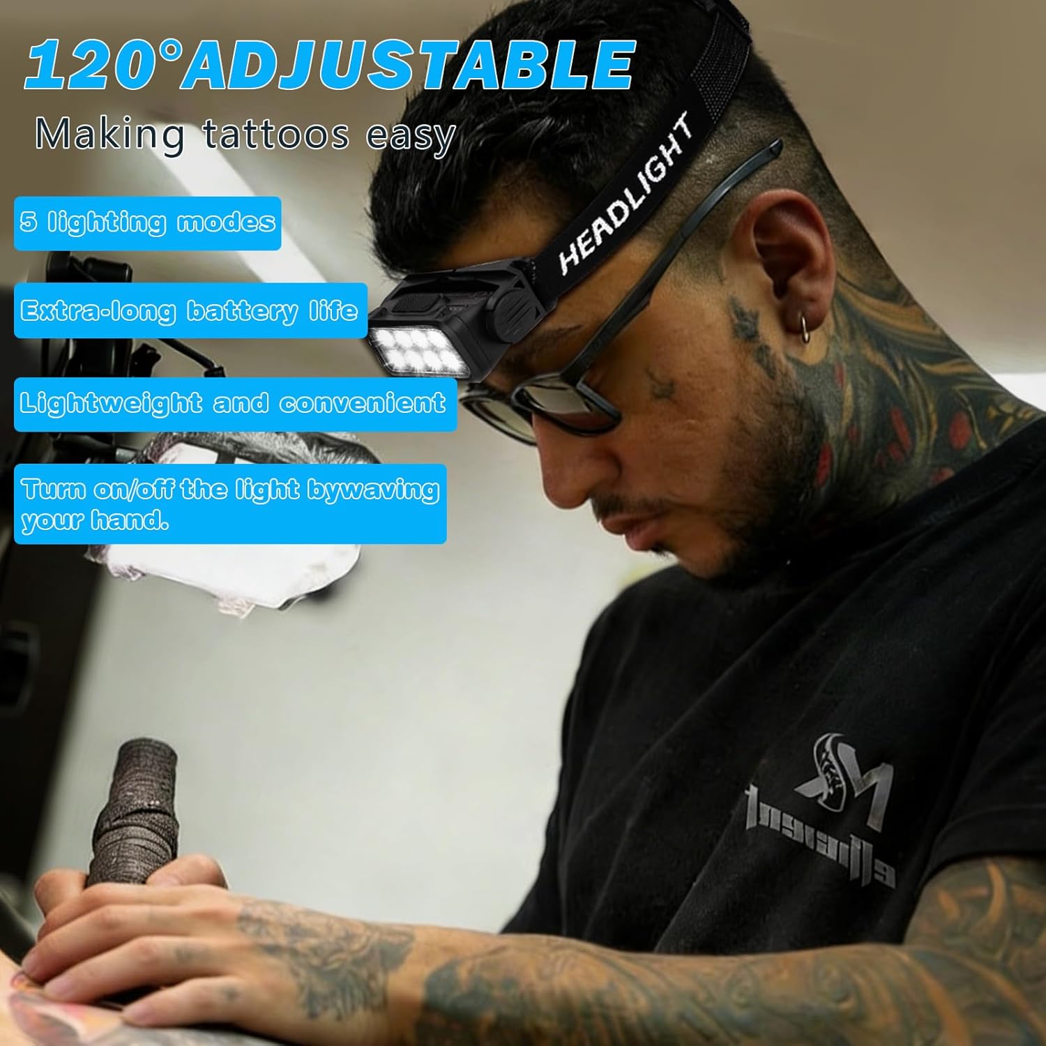 Tattoo Light Kit for Professional Artists, LED Headlamp with Finger Lights & Polarized Glasses, Rechargeable Tattoo Work Light Accessories for Tattoo Machine & Pen