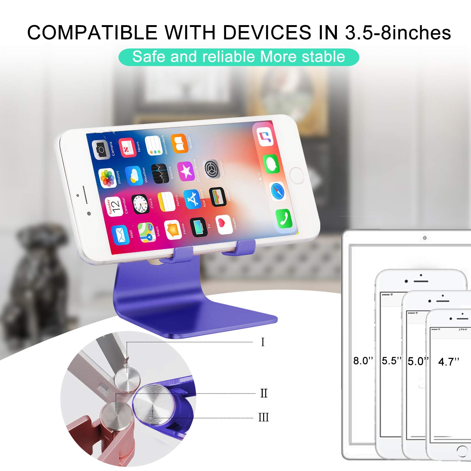 Soporte de teléfono celular, soporte de teléfono, soporte de tableta, soporte de escritorio de aluminio, compatible con todos los teléfonos inteligentes y tabletas de menos de 10 pulgadas.