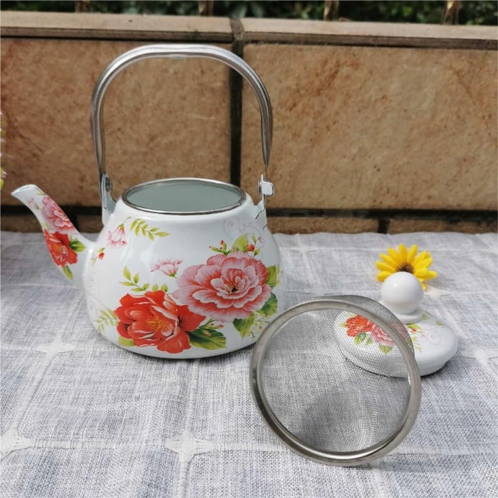 Tetera esmaltada Kung Fu Tetera esmaltada Tetera Rosa Tetera de Leche Mini Tetera Cocina de inducción Tetera Tetera de Flor pequeña Tetera (E 1L)