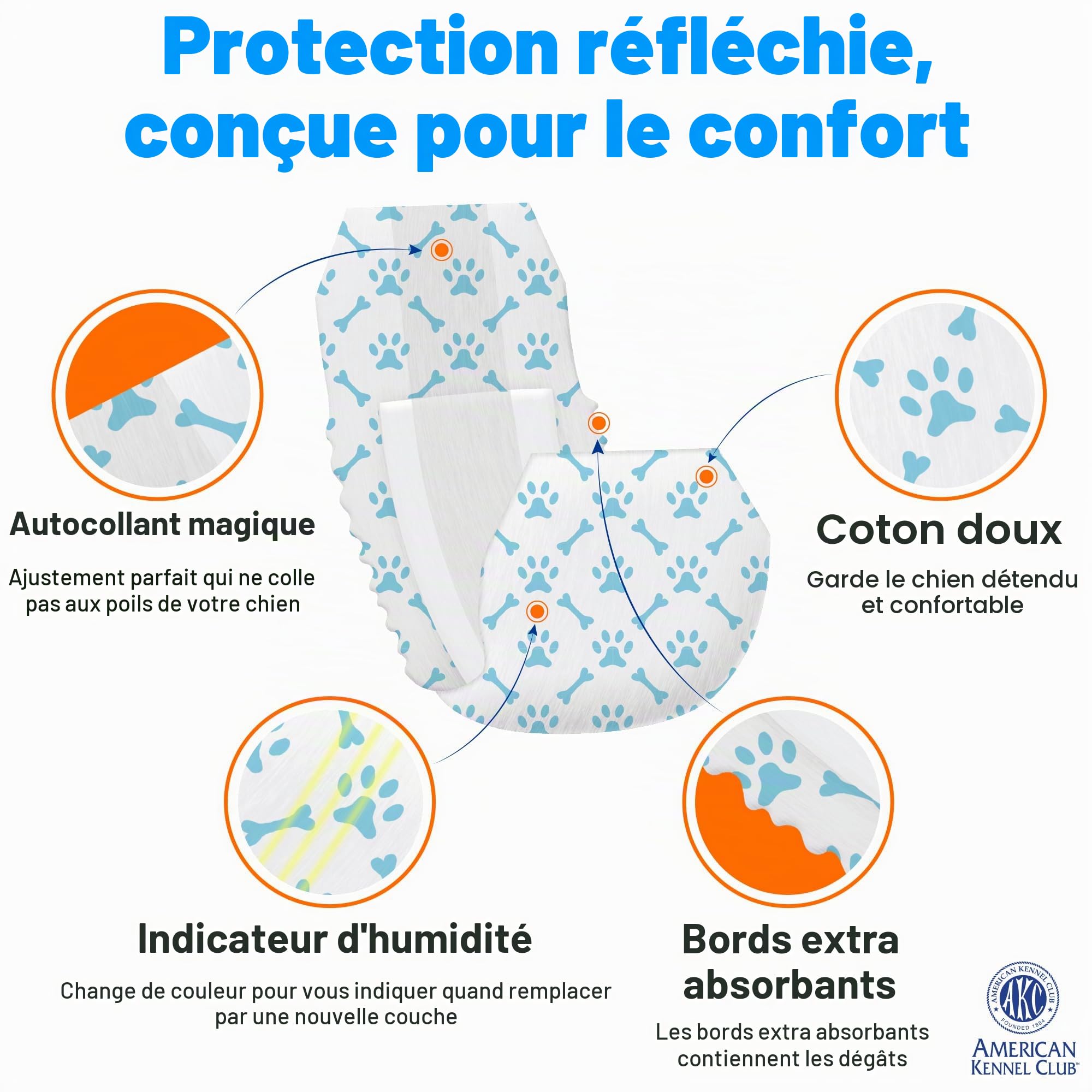 American Kennel Club Lot de 50 Couches jetables avec indicateur d'humidité pour Chien mâle Taille L