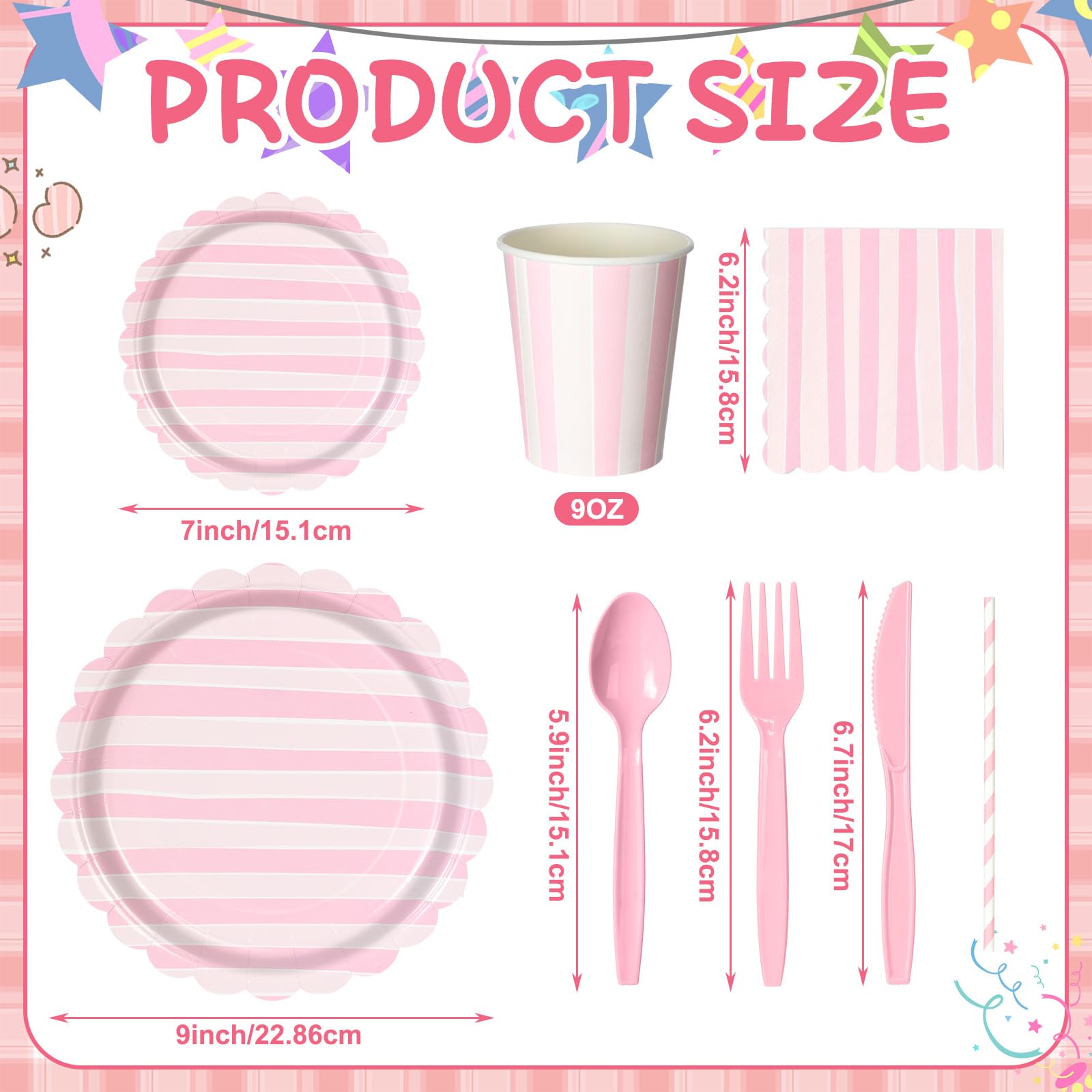 Potchen Juego de 220 platos de rayas pastel para 24 invitados, suministros de decoración de fiesta | Servilletas de papel desechables de 7 y 9 pulgadas con popotes para vajilla, cumpleaños, boda, baby shower, primavera, picnic