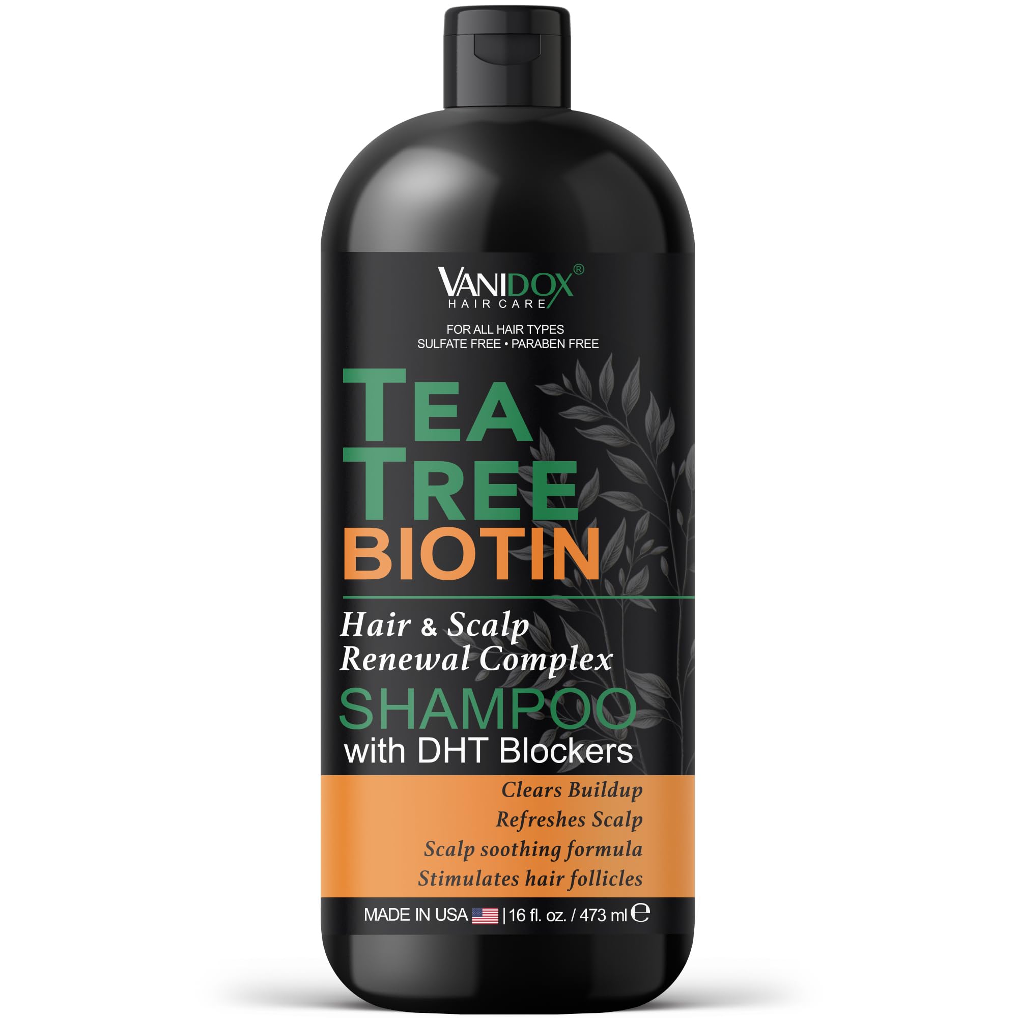 Tea Tree Oil Shampoo with Biotin, DHT Blockers, Itchy Scalp Relief, Supports Thicker-Looking Hair, Cleanses Dandruff & Buildup, For Men & Women, Made