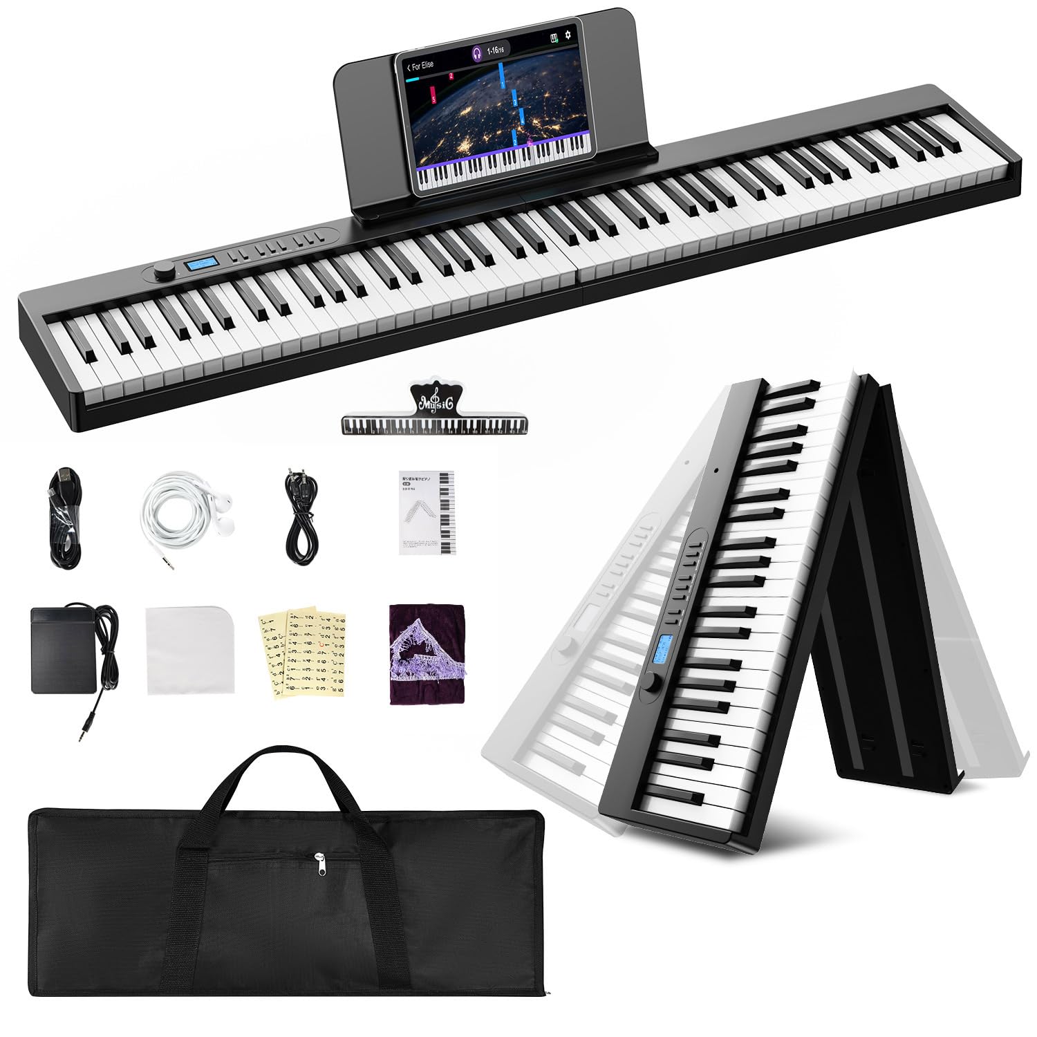 YOPIN 電子ピアノ 88鍵盤 折りたたみ式 電子キーボード MIDI対応 128種音色 スプリットモード LCDディスプレイ 譜面台付き 持ち運び便利 軽量 充電式 初心者向け 子供 練習用 日本語説明書付き (ブラック)