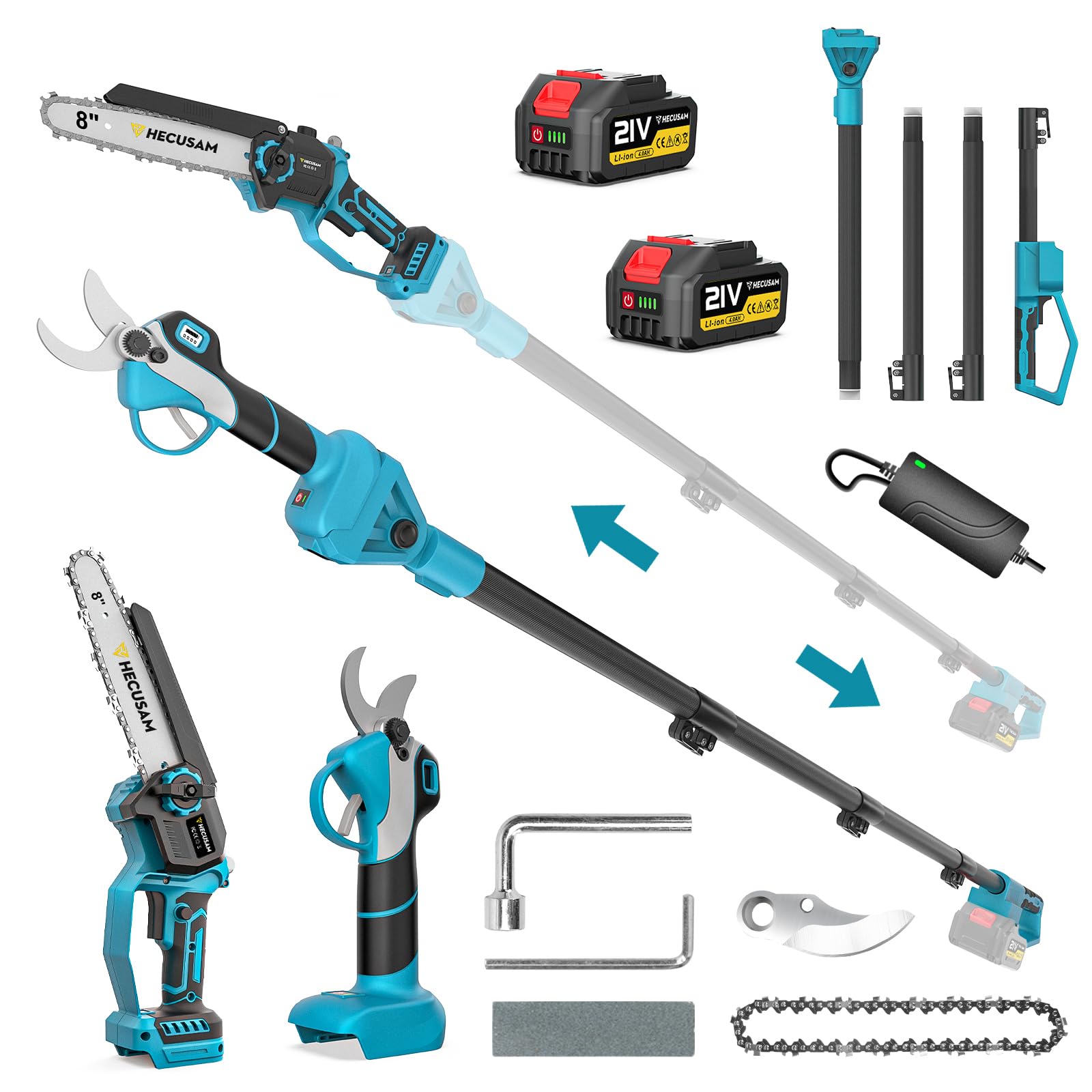 4-in-1 Cordless Pole Saw & Electric Pruning Shears – 8 Inch Mini Chainsaw, Brushless Motor, 2×4.0Ah Batteries, 14ft Extendable Pole for Tree Trimming