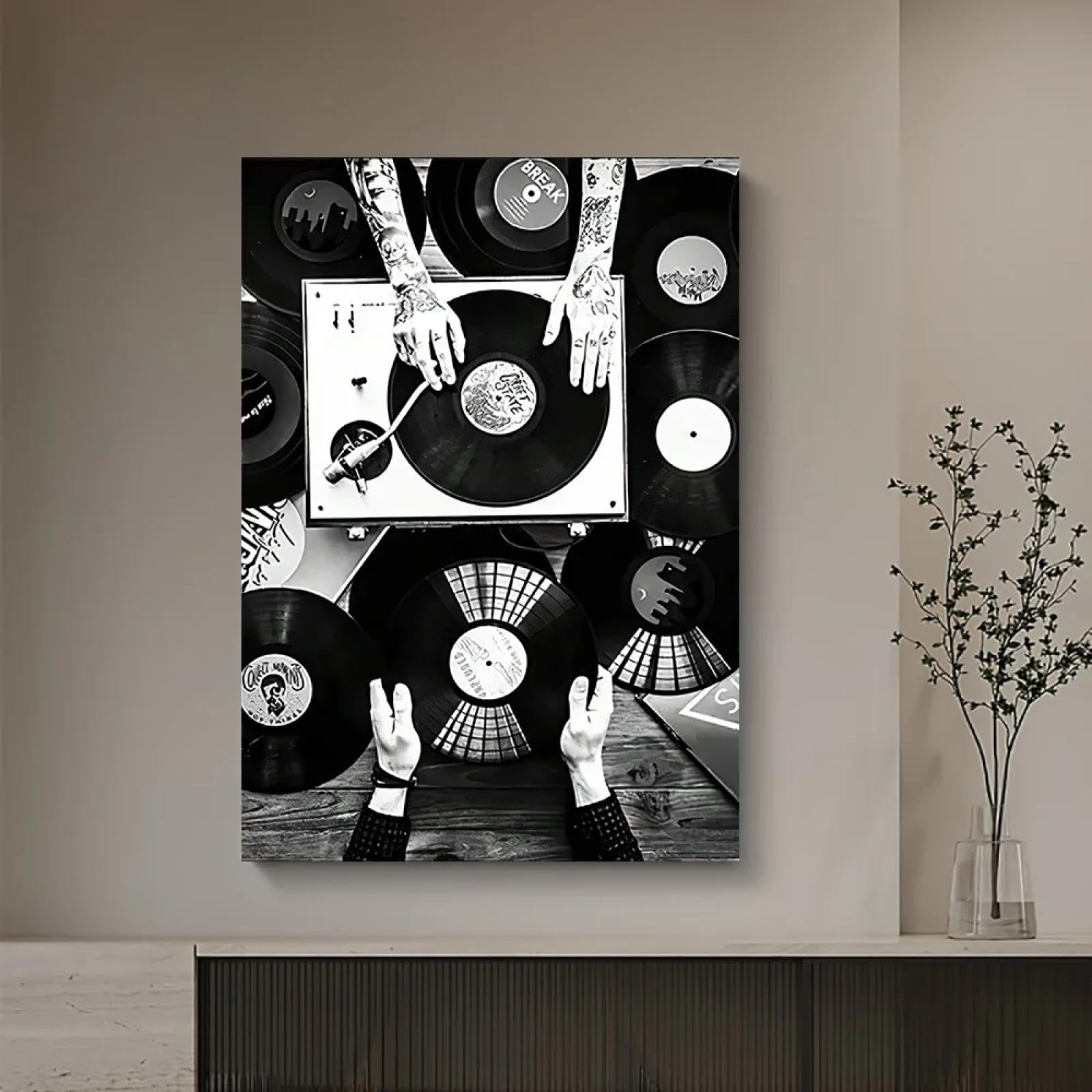 CHAOJIART Vintage czarno-białe płyty winylowe proste czytelniki ścienne plakaty drukowane na płótnie HD do domu salonu sypialni dekoracja 80 x 120 cm rama wewnętrzna