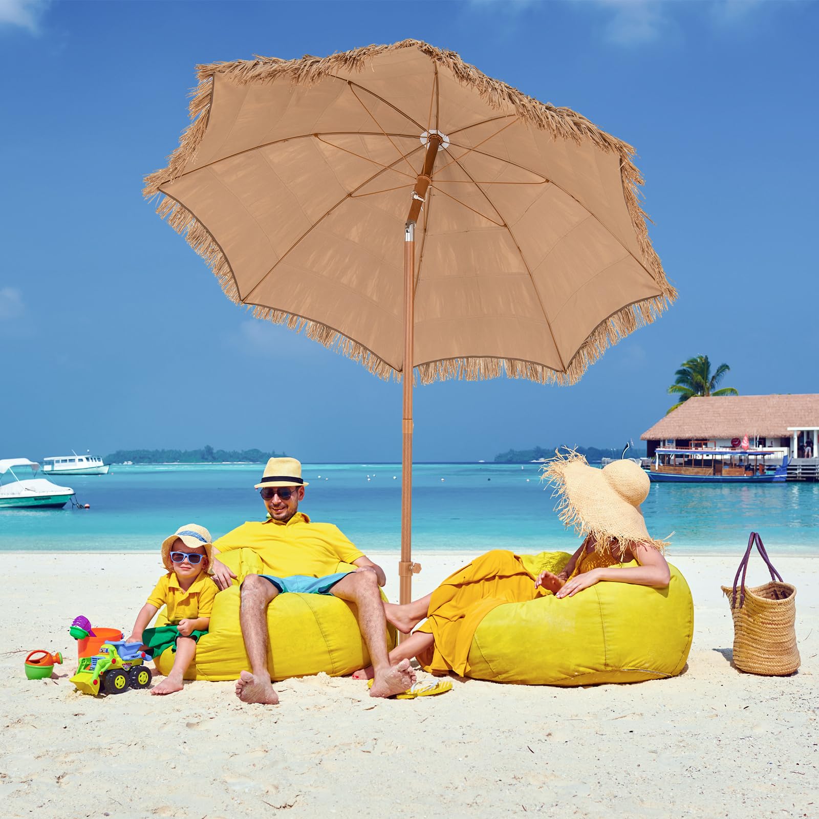 COSTWAY Sonnenschirm Hawaii, Strohschirm mit klappbarem Ständer, Strandschirm Stroh neigbar, Gartenschirm, Marktschirm, Terrassenschirm mit Tragetasche für Garten, Strand, Pool