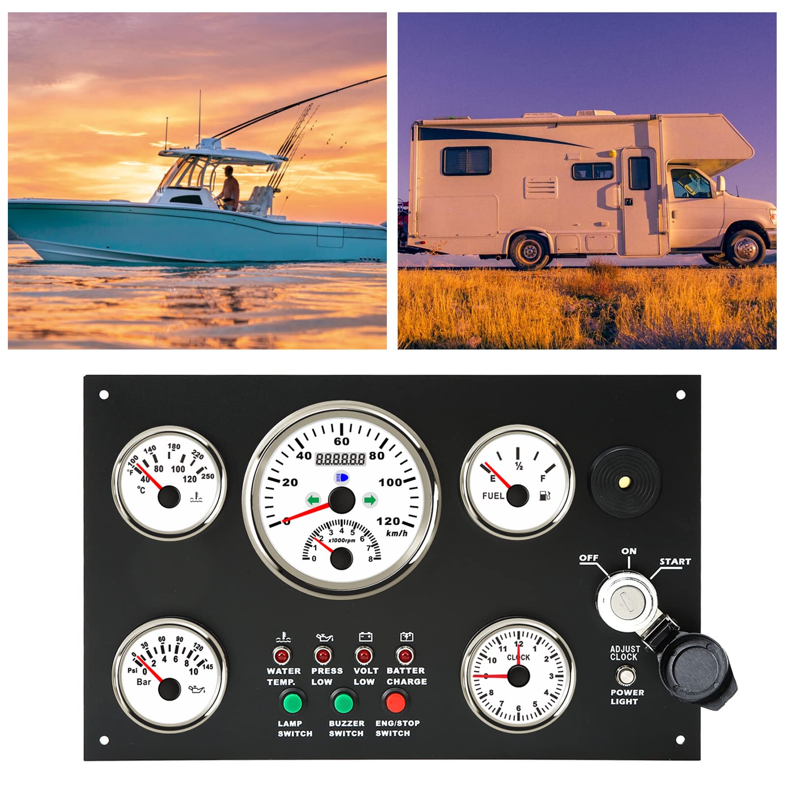 Juego de 5 Indicadores, Panel de Instrumentos, Velocímetro, Nivel de Combustible, Temperatura del Agua, Medidor de Presión de Aceite, Reloj Multifunción para RV, Yate, Barco, (24V)