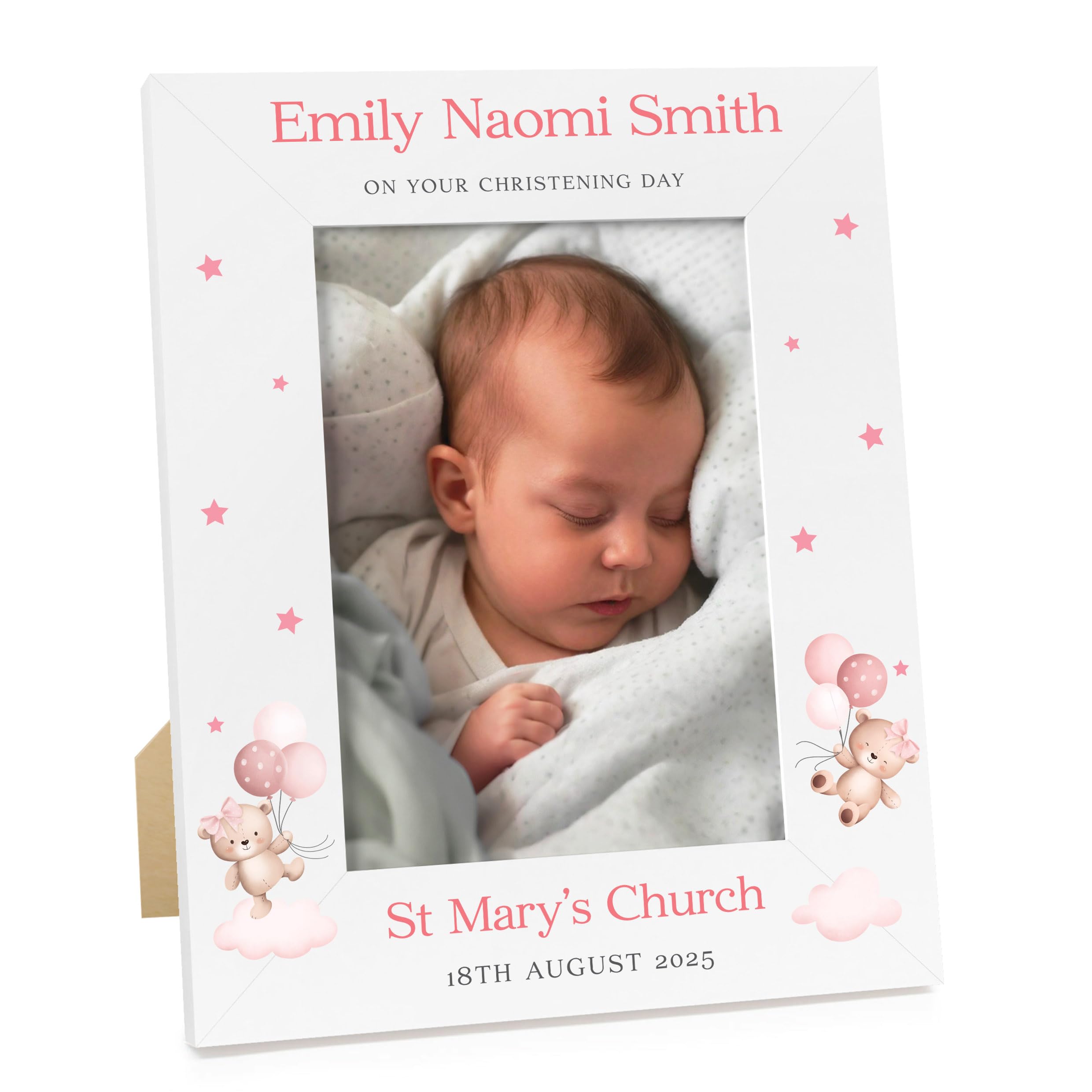 Beecreative Personalised Christening Photo Frame For Girls - Pink Stars Wooden 6x4 7x5 Photo Frame - Goddaughter Christening Present