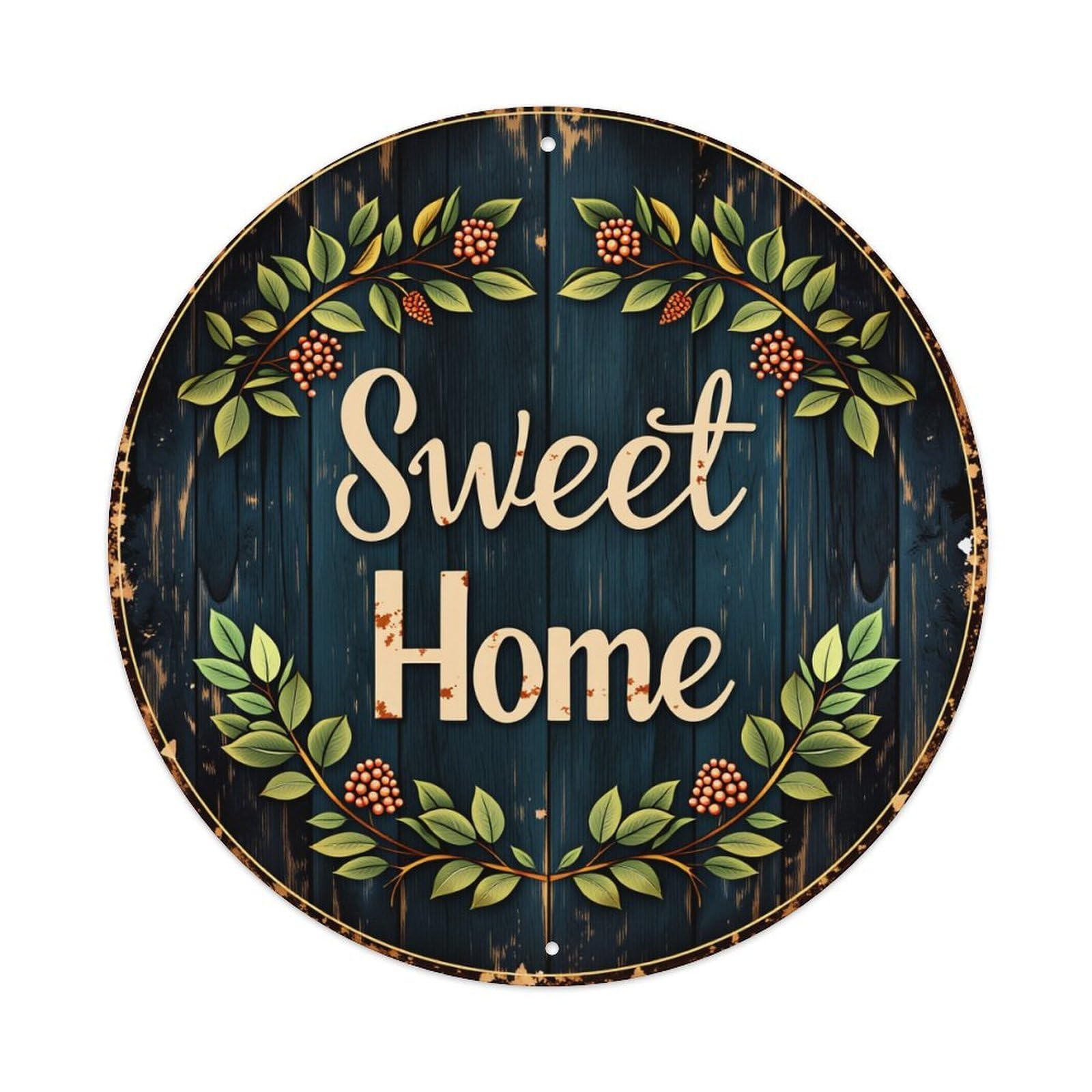 Sweet Home Wreath Leaves Berries Wood Background Round Vintage Tin Sign,Retro Wall Art,Metal Poster for Home, Bar, Garage, Cafe, Rustic Indoor & Outdoor Decor, 8x8 Inches