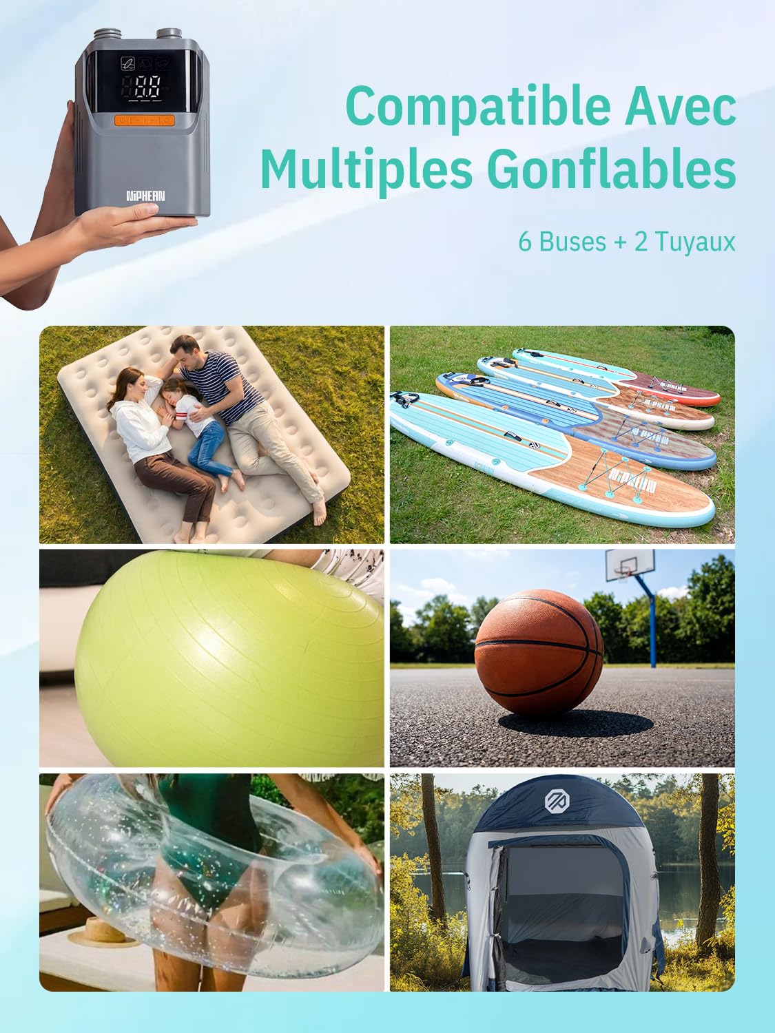 Niphean Gonfleur Electrique avec Batterie Intégrée, Gonfleur Pneus Voiture 50 PSI pour Pneus, Sup et Matelas, Pompe Electrique Portable avec Arrêt Automatique, Fonction Gonflage et Dégonflage