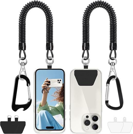Doormoon Phone Lanyard Tether with 4 Patch, Cell Phone Lanyard with 2* Phone Tether, 4* Patch, Carabiner*1, Bottle Opener Carabiner*1 for Outdoor Hiking Climbing, Black*2