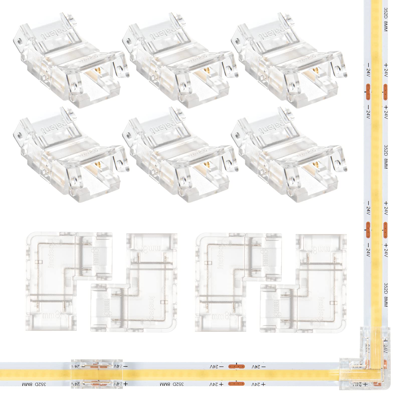 Gxilee2 Pin 8mm Cob Led Connector Kit,Include Gapless Cob Led Strip Connectors 6 Pack and L Shape 2 Pin Cob Led Corner Connectors 4 Pack for 8mm Cob Led Strip Lights