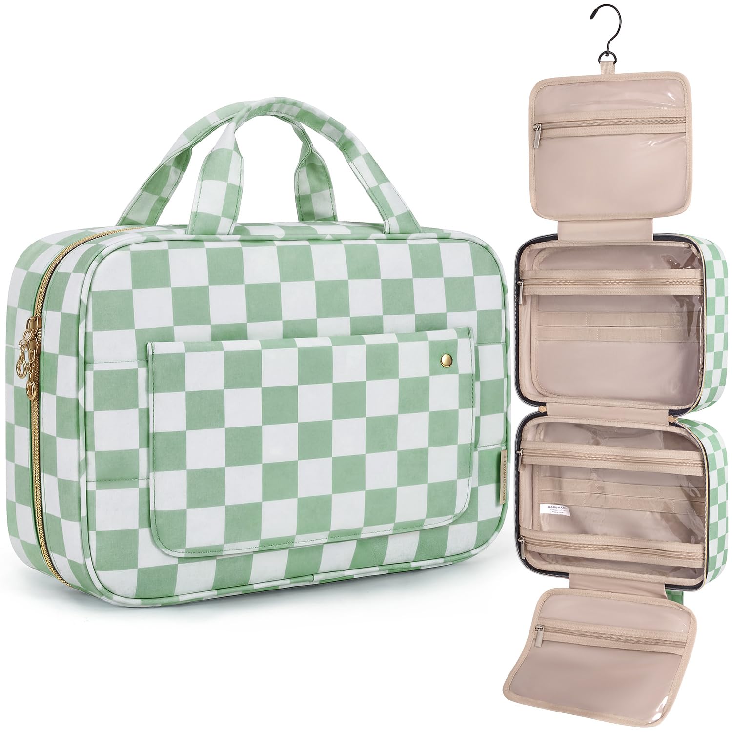 Bagsmart - Travel Toiletry Bag with Hanging Hook - Water Resistant - for Accessories, Shampoo, Toiletries, Green Checkerboard, L, Travel-image-5