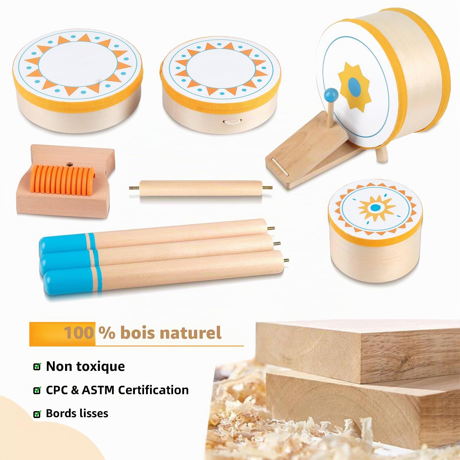 Set de Tambour Montessori en Bois pour bébé 1 an+, Enfants 1-3 Ans | Instrument de musique bébé avec accessoires, sons doux et jeu d’éveil, cadeau 1 an pour anniversaire/Noël fille ou garçon