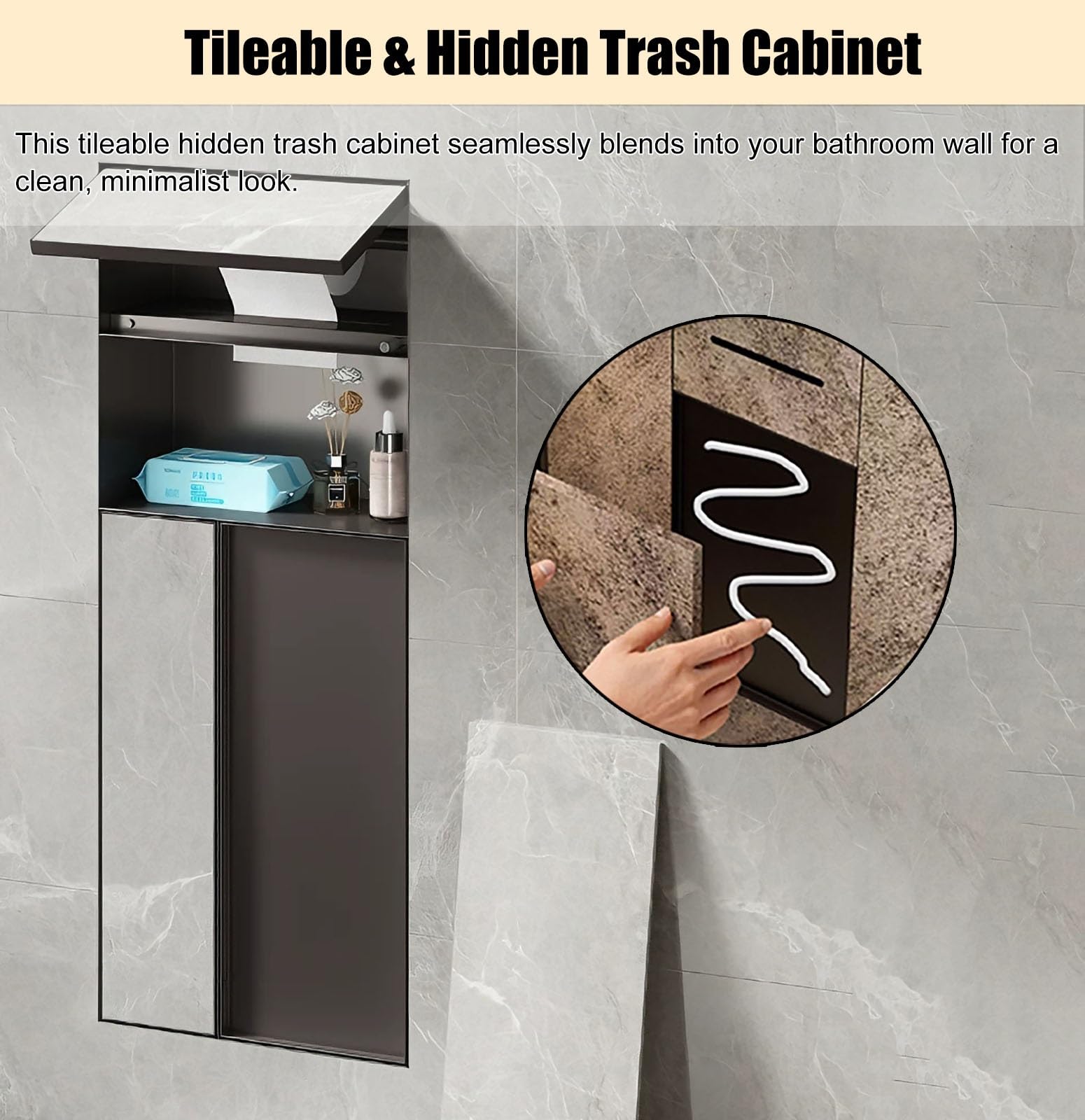 papelera, portarrollos y escobillero empotrados ni Mueble Empotrado 4 En 1 Para Baño Incluye Compartimento Oculto Para Basura, Soporte Para Papel Higiénico, Repisa Para El Teléfono Y Escobillero