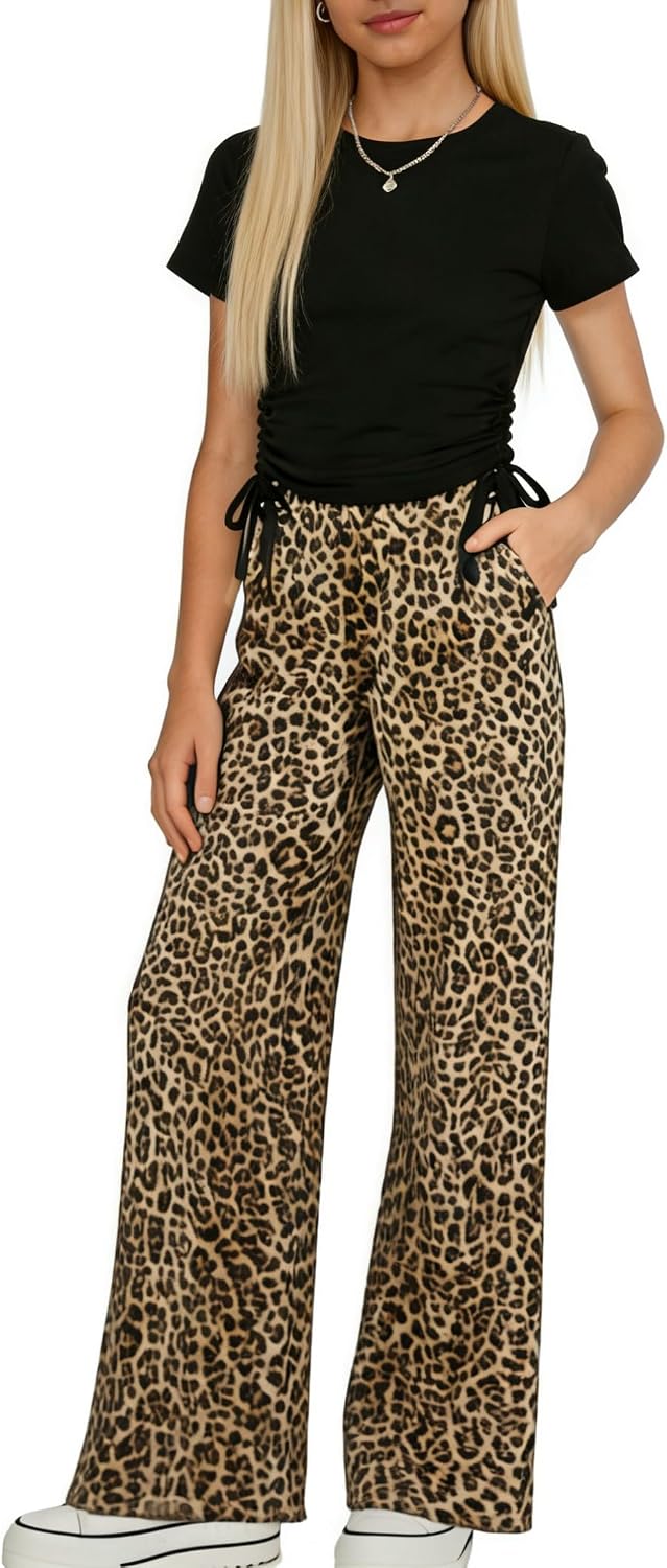 Girls 2 Piece Outfits Short Sleeve Ruched Drawstring Crewneck Tops and Wide Leg Pants with Pockets Tracksuit Set
