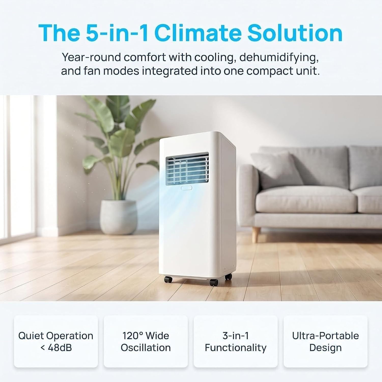 Aire Acondicionado Portátil 12000 BTU Sin Instalación con Mando y Temporizador, 3 Velocidades, Modo Sueño, Kit para Ventana, Uso en Hogar Oficina, Style 1, 5000 BTU
