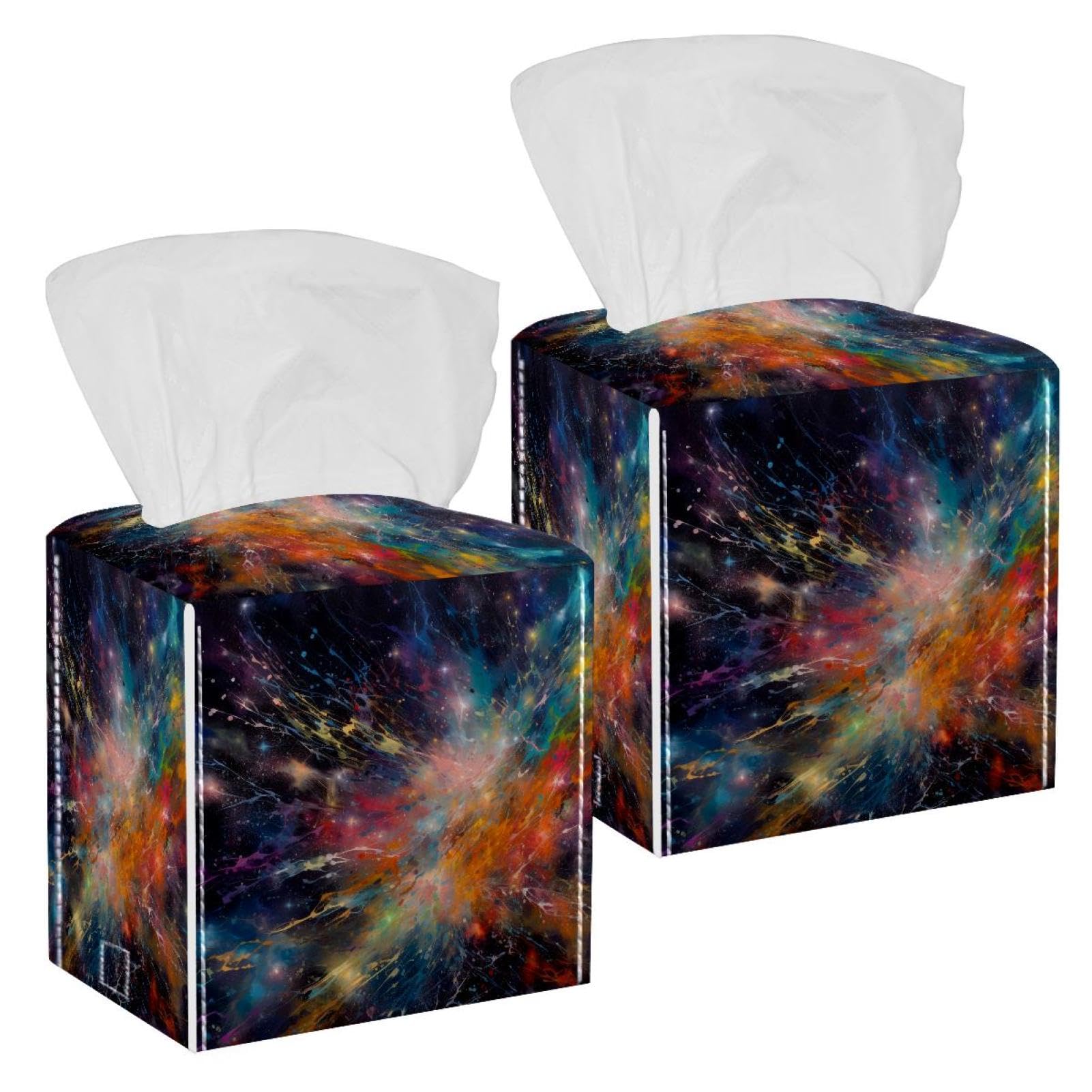 Dreamy Starry Sky Night Tissue Box Cover, 2 Pack PU Leather Square Facial Tissue Dispenser Box holder for Home Office Car