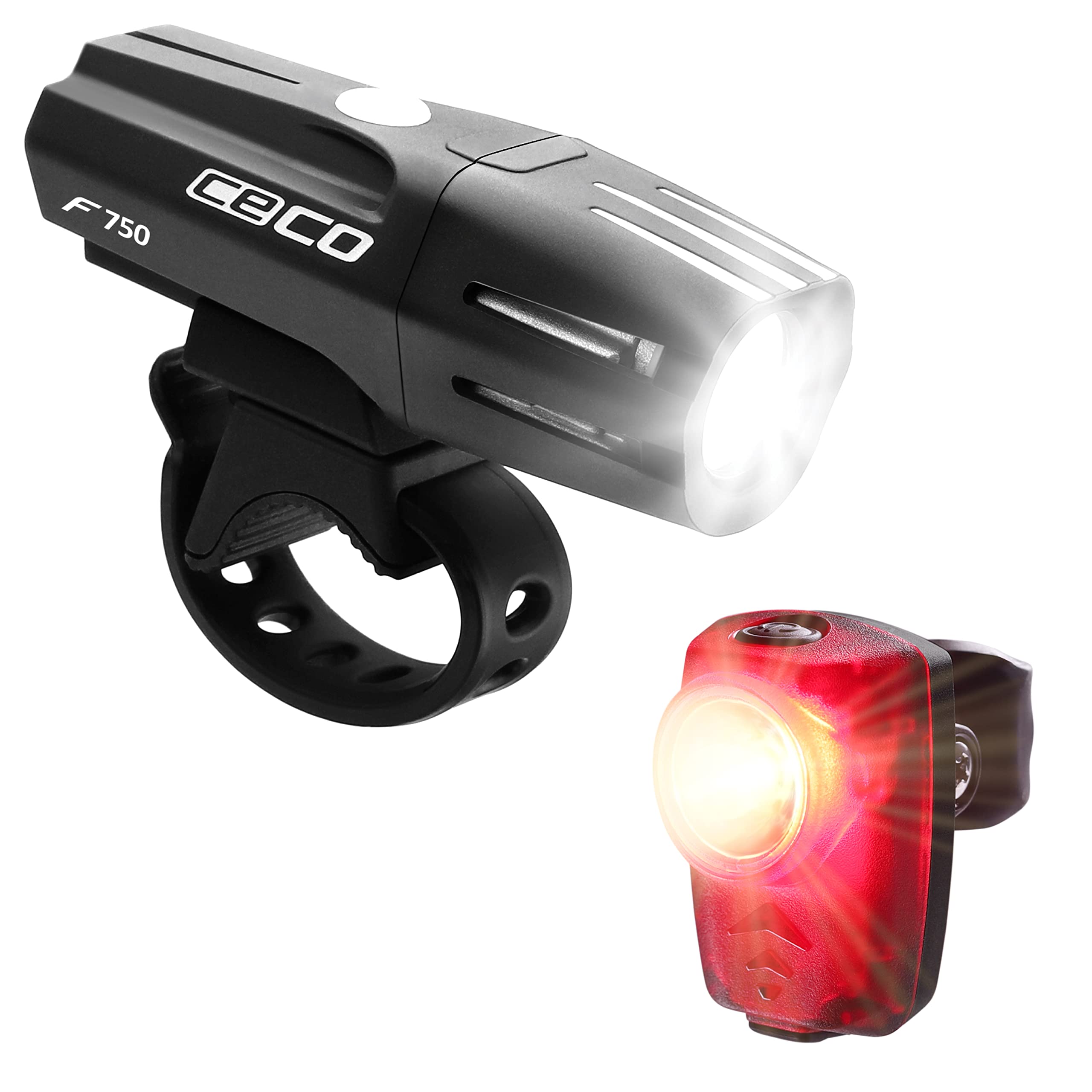 CECO - USA : 750 lumens phare et feu arrière 100 lumens combo pack pour cyclistes qui veulent voir loin et être vus de loin. Le plus lumineux jeu de feux de vélo rechargeable par USB disponible pour