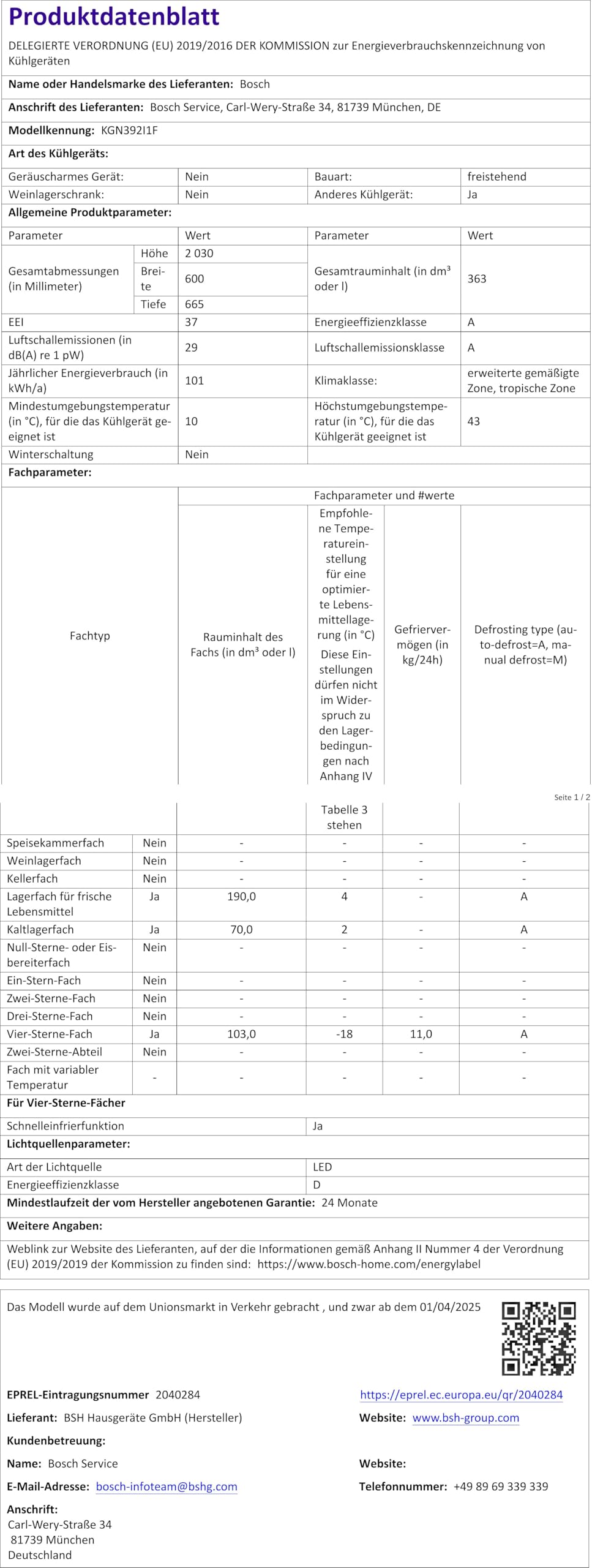 Bosch Lodówko-zamrażarka 203 x 60 cm, seria 4, KGN392I1F, 260 l i zamrażanie 103 l, całkowicie No Frost, dłuższa świeżość dzięki VitaFresh XXL, bardzo cicha, szczotkowana stal z ochroną przed