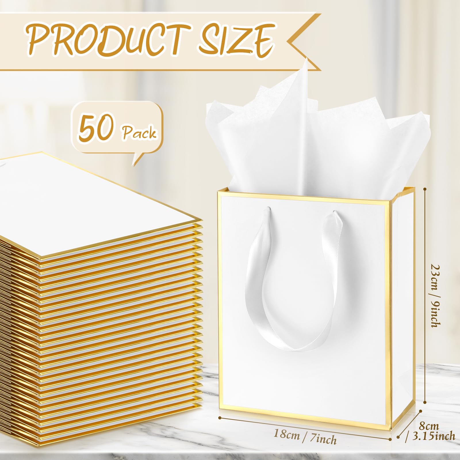 Yeaqee 50 Pack Metallic Gift Bags with Handle and Tissue Paper Gold Foil Thank You Bag for Graduation Wedding Groomsmen Bridal Baby Shower Gifts Holiday Party Favors 9x7x3.15'' (White Gold)