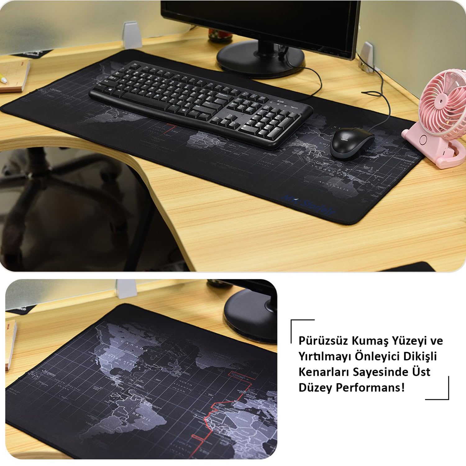 McStorey Dünya Haritası Mouse Pad 60x30 cm, Gaming Masa Pedi 3 mm, Kaymaz Kauçuk Tabanlı Desk Mat, Dikişli Kenar Kumaş Yüzey, Klavye ve Mouse Altlığı, Oyuncu ve Ofis Masası için Siyah