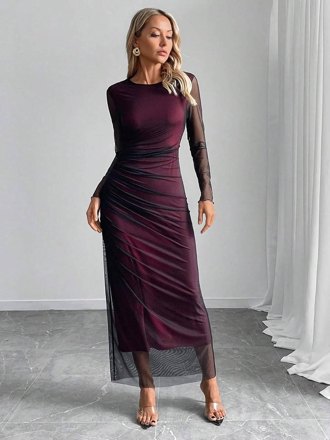 MOEENCN Women Sheer Mesh Maxi Dress Long Sleeve Bodycon Birthday Outfits Ruched Tie Dye Cocktail Club Party Dresses - Image 3